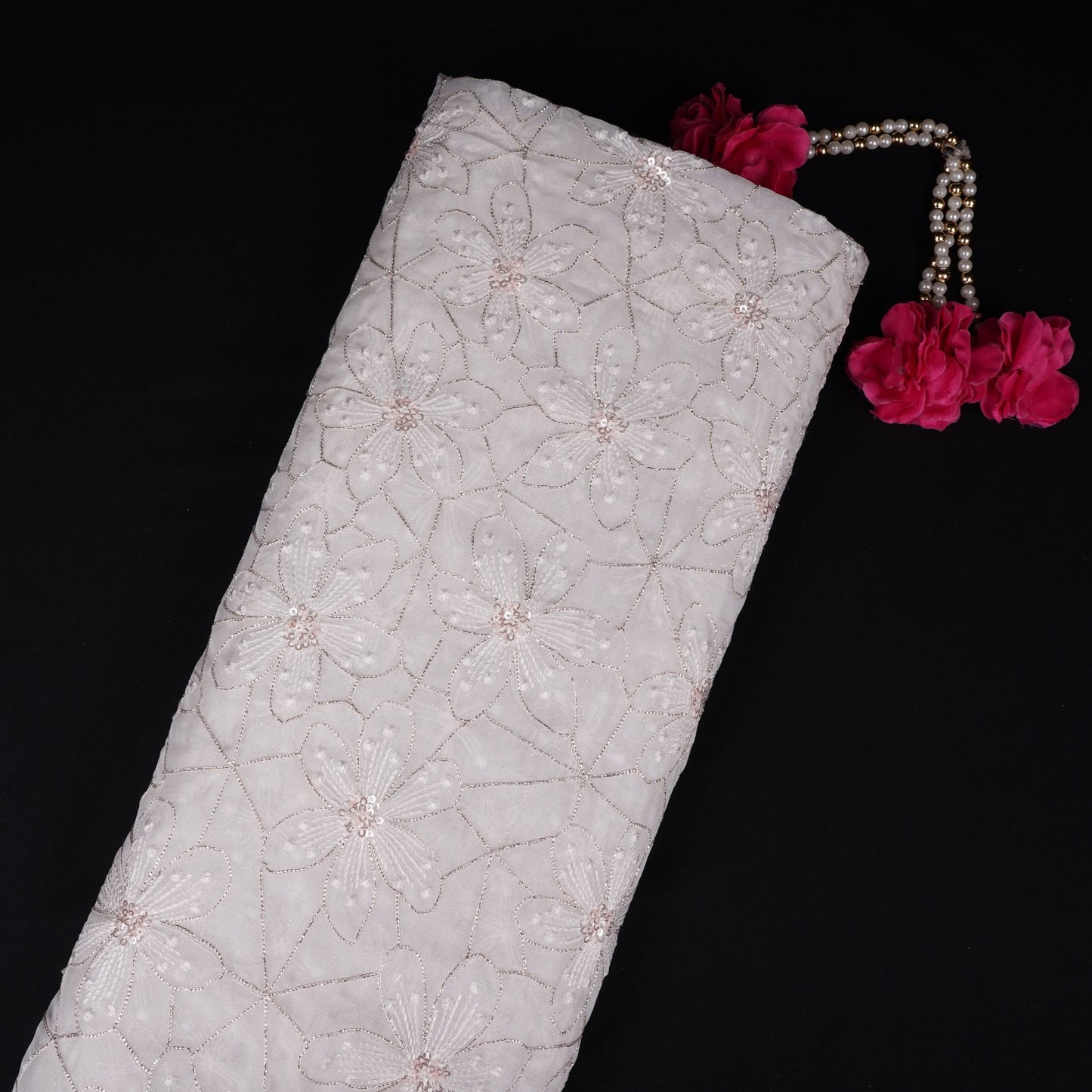 Off White floral Jaal embroidery Tissue Organza Fabric VFS-31694