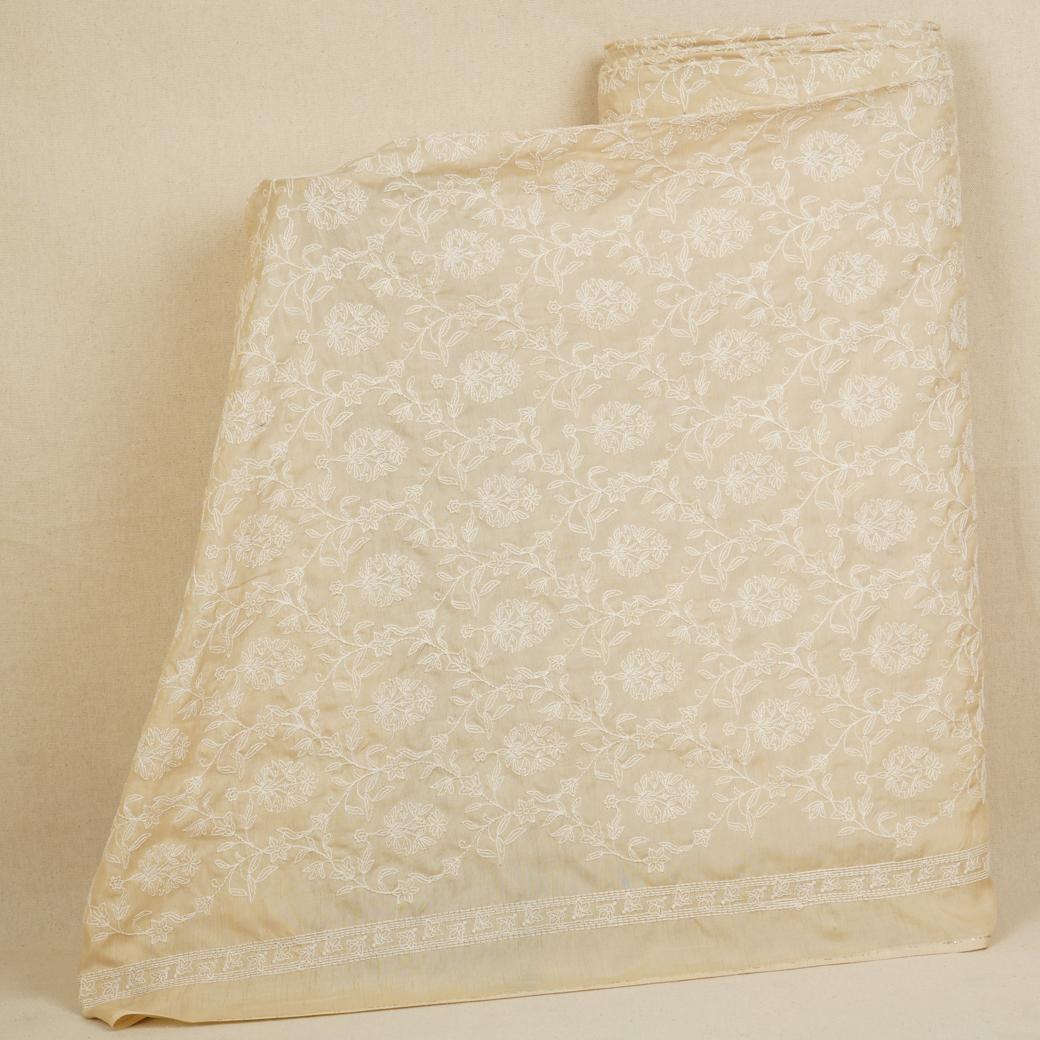 Beige Floral Embroidery Dyeable Dola Silk Fabric VI-30070 - TradeUNO