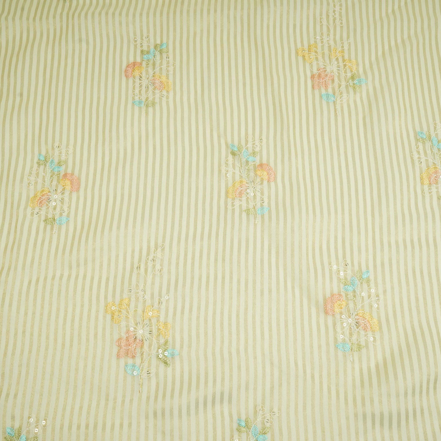 Cream Zari Stripes floral thread embroidery Malai Chanderi Fabric VFS-31541