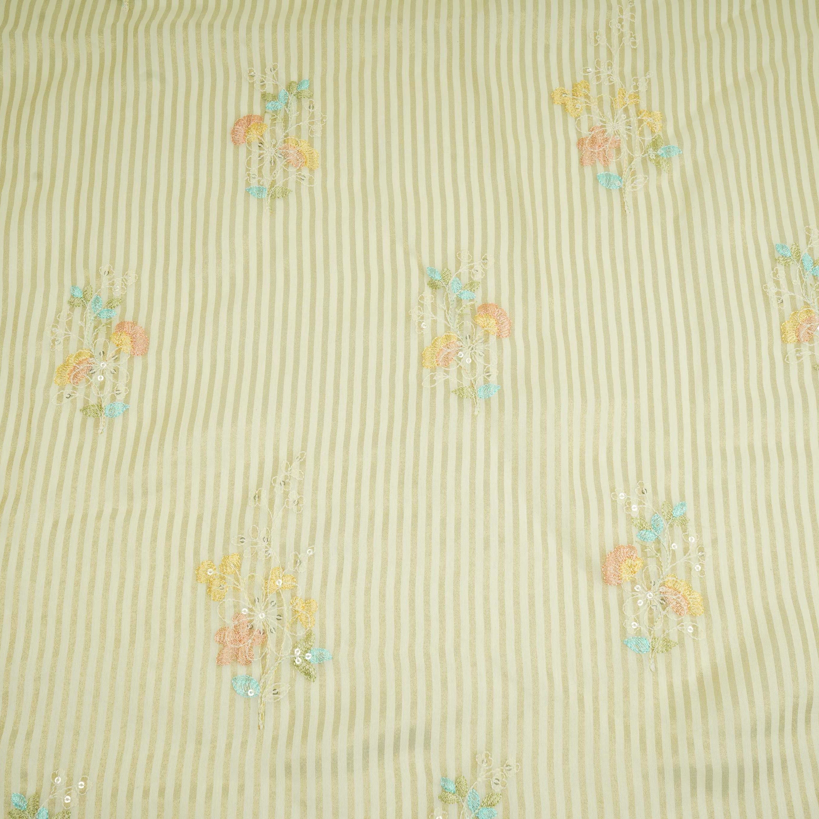Cream Zari Stripes floral thread embroidery Malai Chanderi Fabric VFS-31541 - TradeUNO