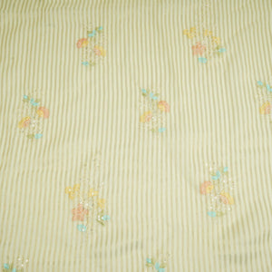 Cream Zari Stripes floral thread embroidery Malai Chanderi Fabric VFS-31541 - TradeUNO