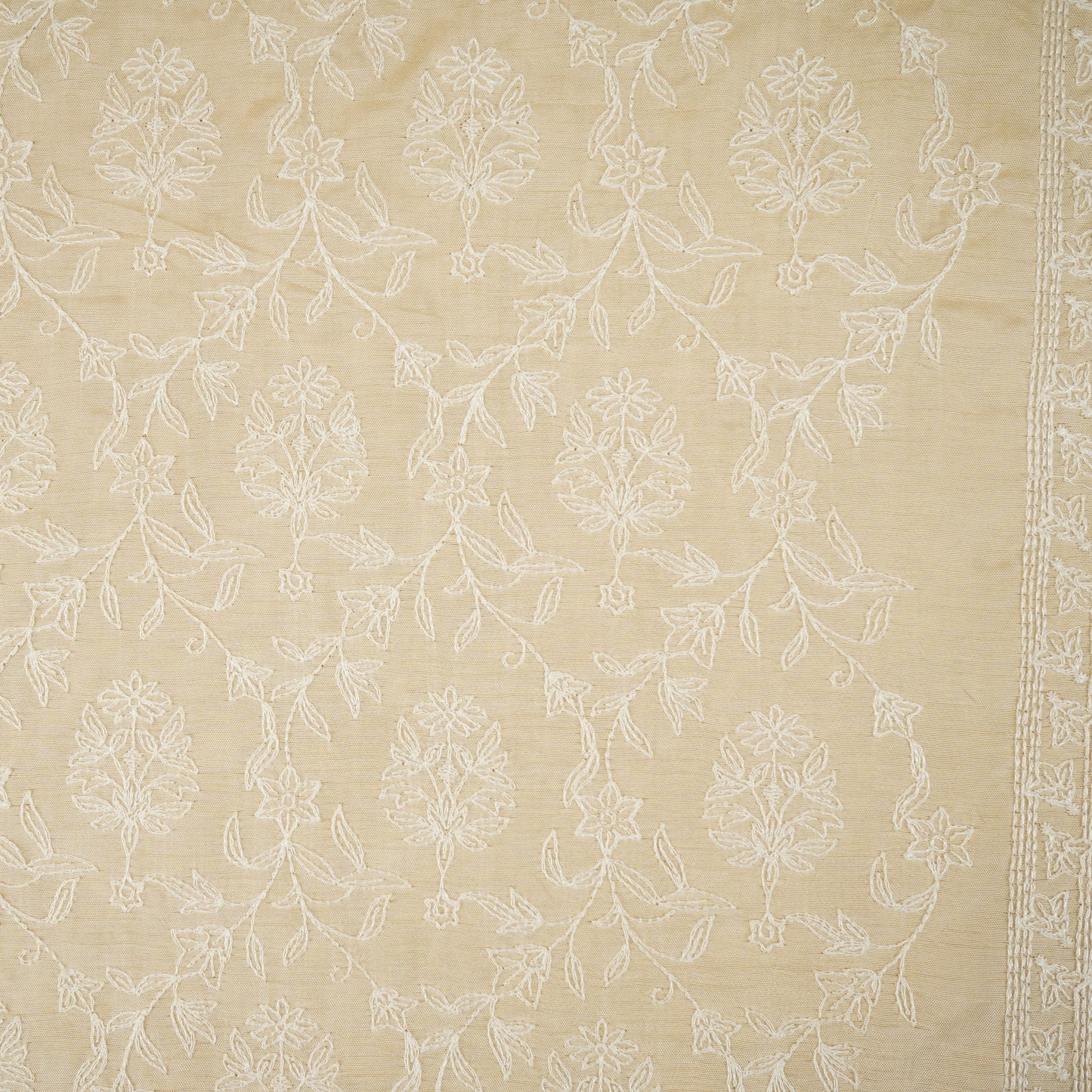 Beige Floral Embroidery Dyeable Dola Silk Fabric VI-30070