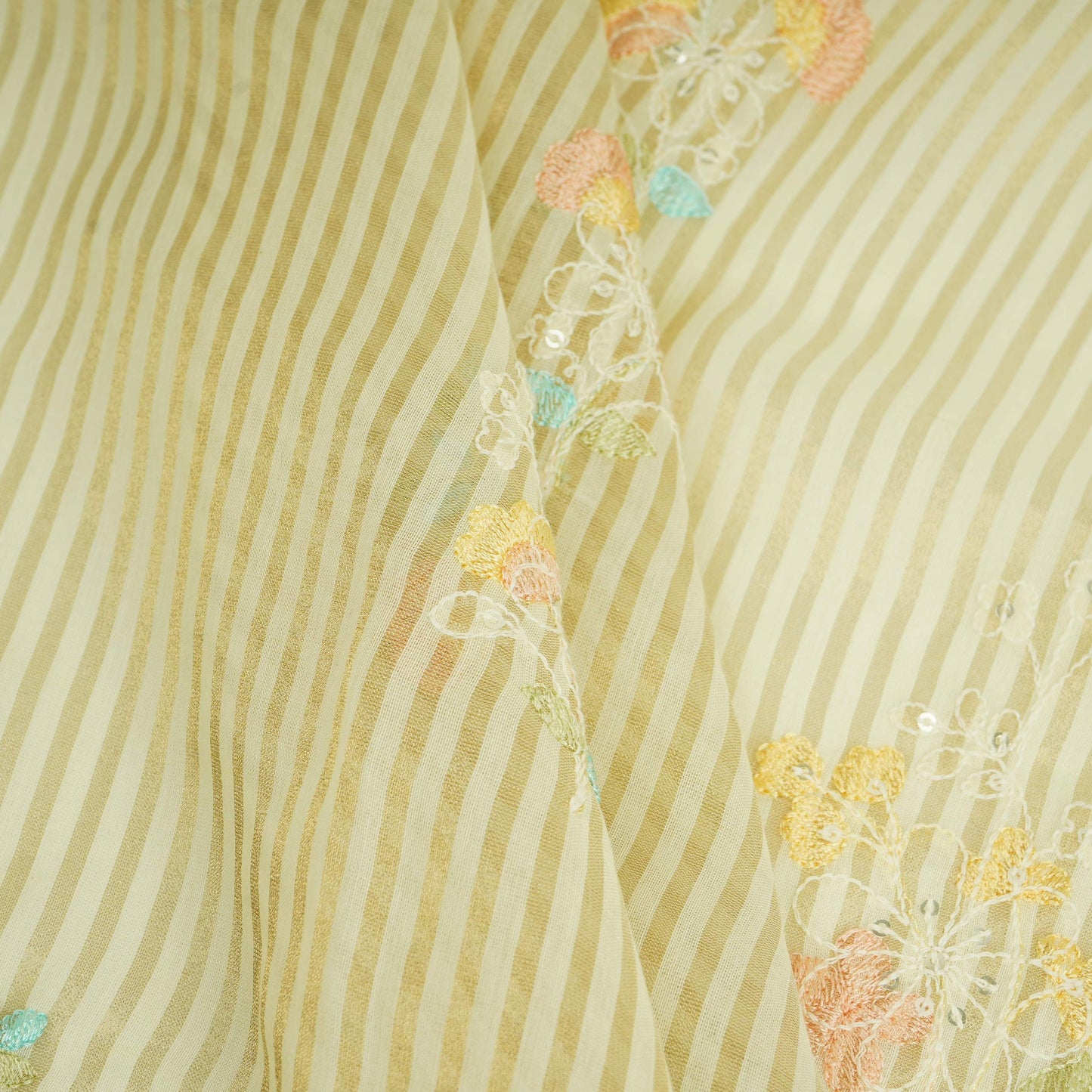 Cream Zari Stripes floral thread embroidery Malai Chanderi Fabric VFS-31541