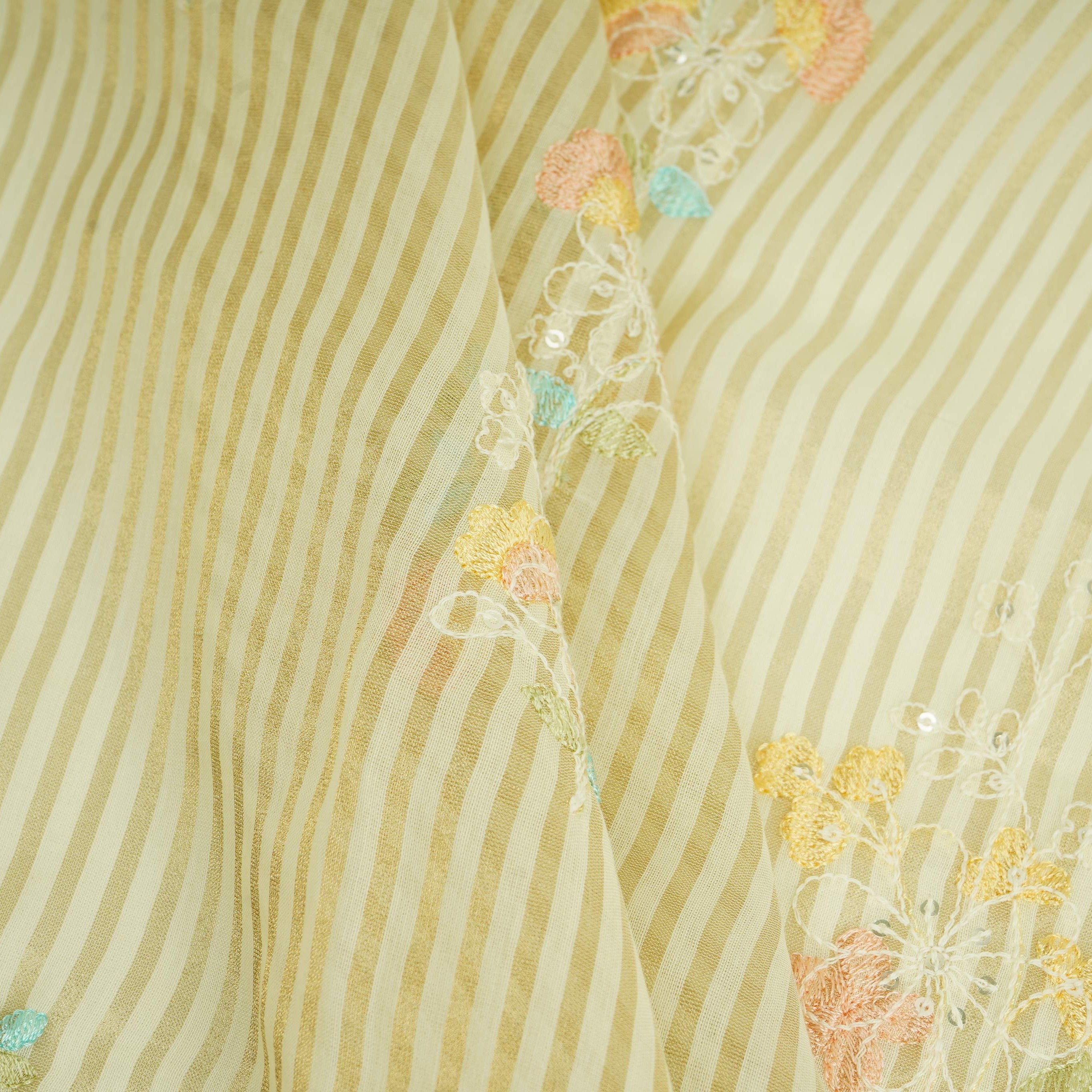 Cream Zari Stripes floral thread embroidery Malai Chanderi Fabric VFS-31541 - TradeUNO