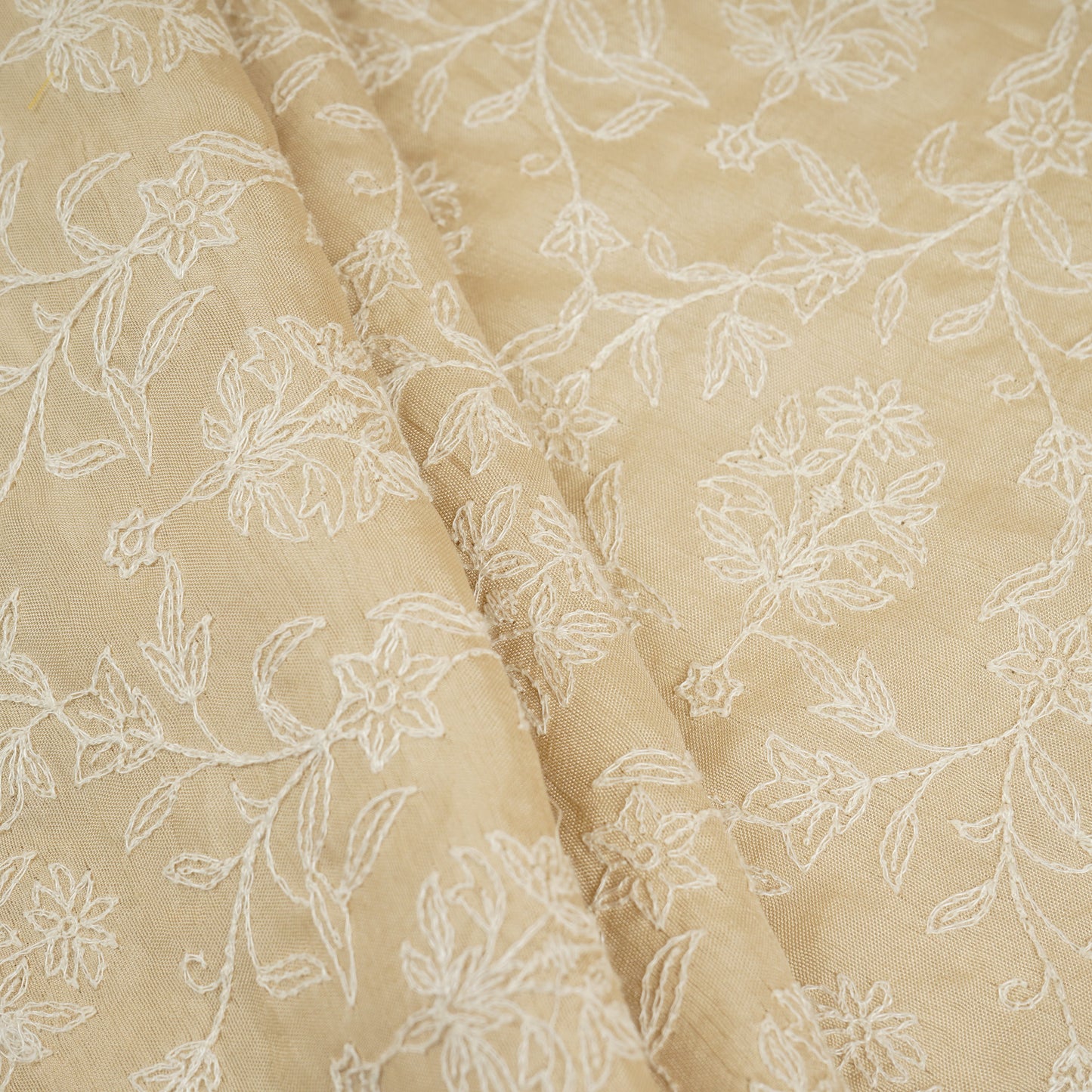 Beige Floral Embroidery Dyeable Dola Silk Fabric VI-30070