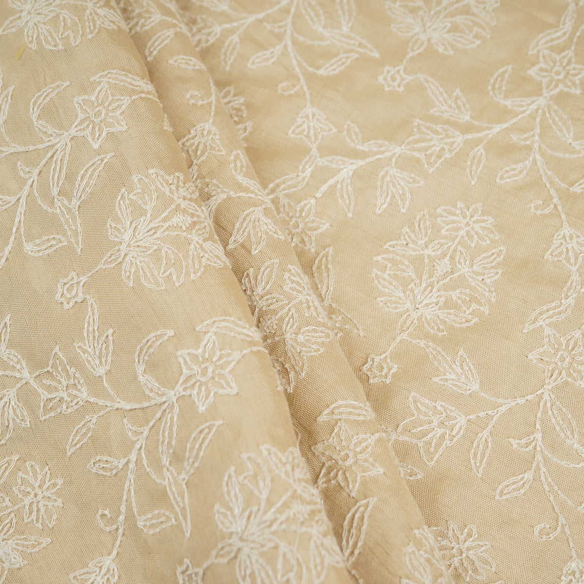Beige Floral Embroidery Dyeable Dola Silk Fabric VI-30070 - TradeUNO