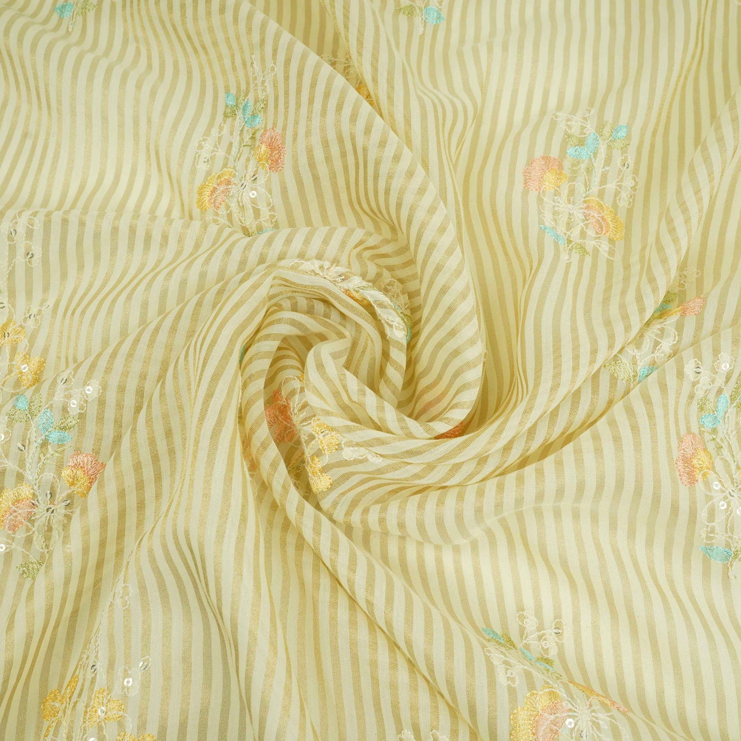 Cream Zari Stripes floral thread embroidery Malai Chanderi Fabric VFS-31541