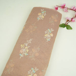 Dusty Rose Zari Stripes floral thread embroidery Malai Chanderi Fabric VFS-31540 - TradeUNO