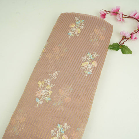 Dusty Rose Zari Stripes floral thread embroidery Malai Chanderi Fabric VFS-31540