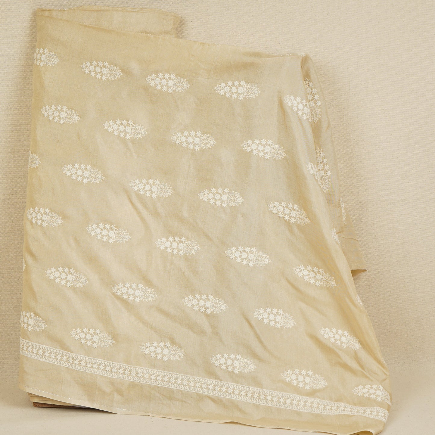 Beige Floral Embroidery Dyeable Dola Silk Fabric VI-30069