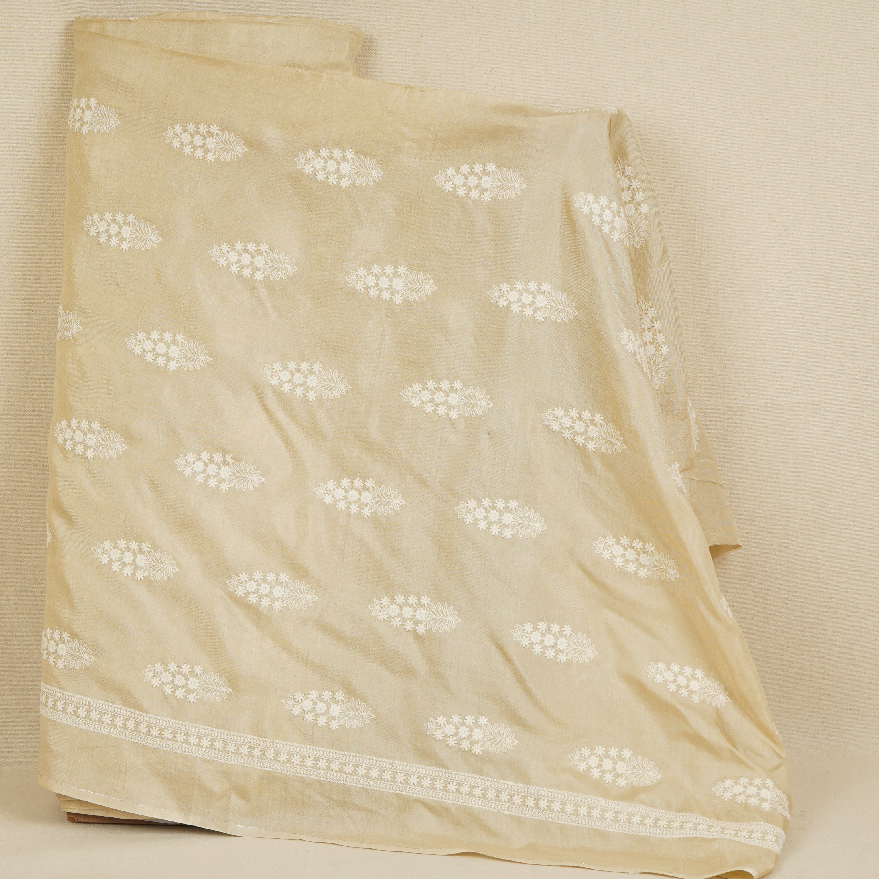 Beige Floral Embroidery Dyeable Dola Silk Fabric VI-30069 - TradeUNO