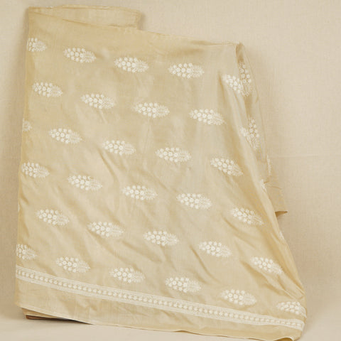 Beige Floral Embroidery Dyeable Dola Silk Fabric VI-30069