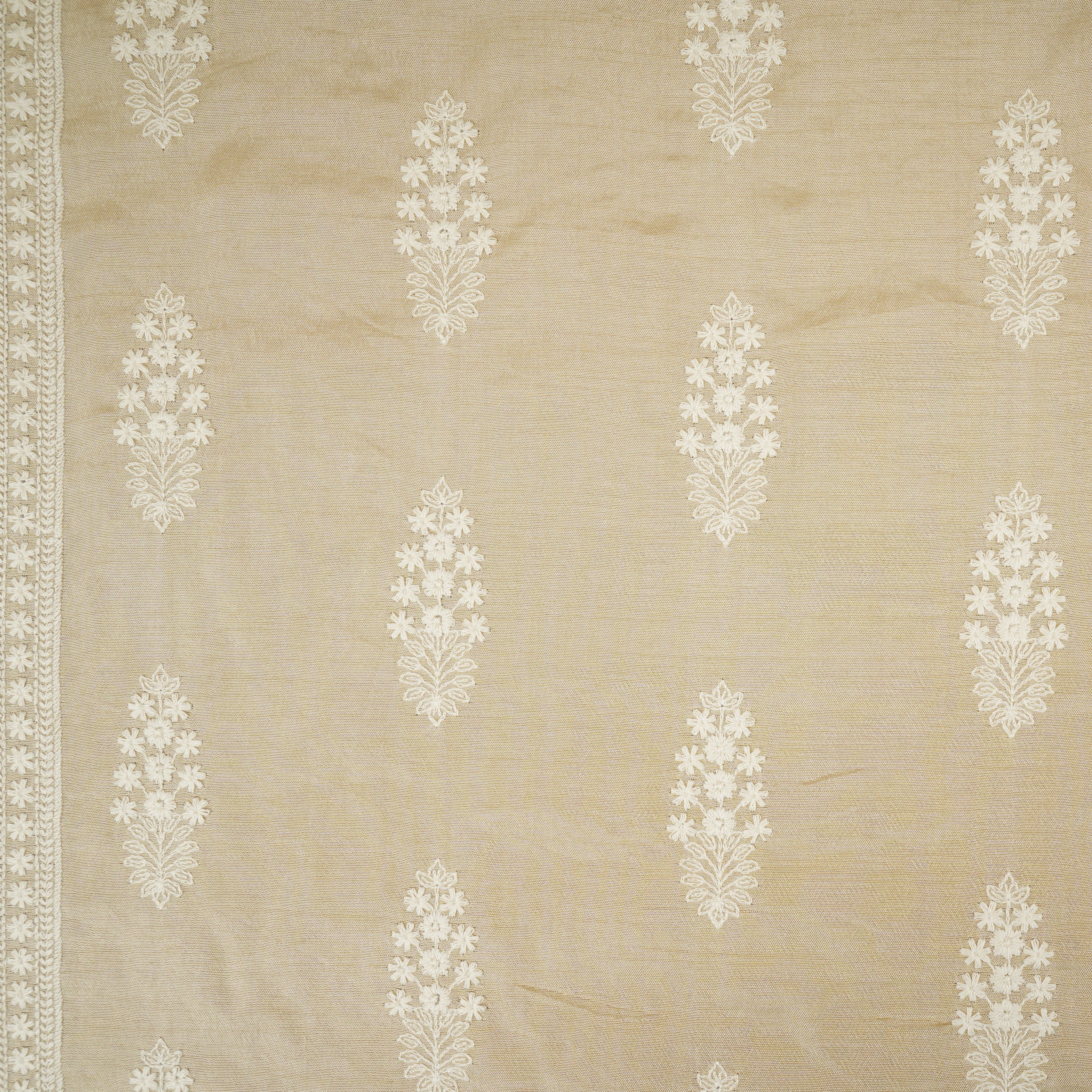 Beige Floral Embroidery Dyeable Dola Silk Fabric VI-30069 - TradeUNO