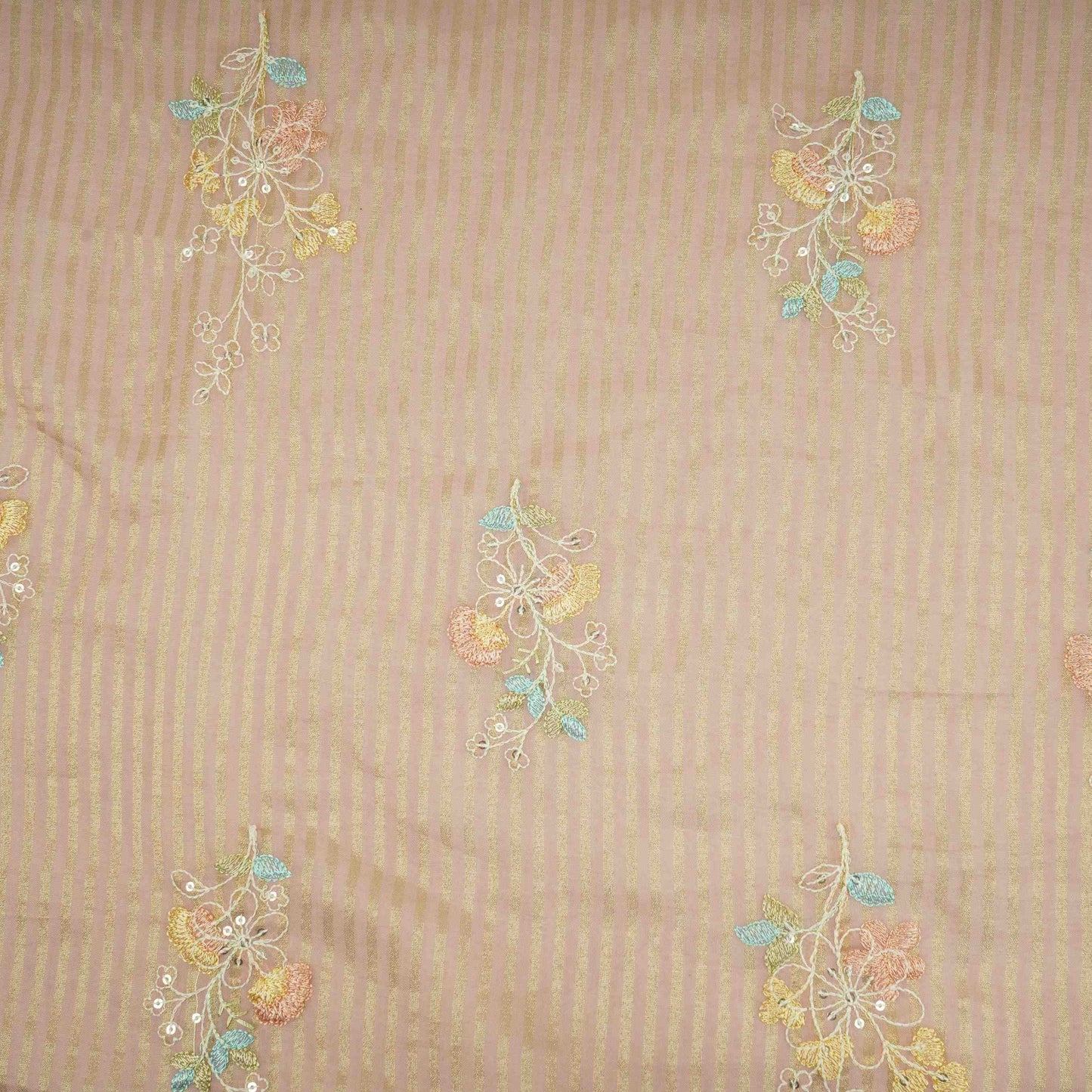 Dusty Rose Zari Stripes floral thread embroidery Malai Chanderi Fabric VFS-31540