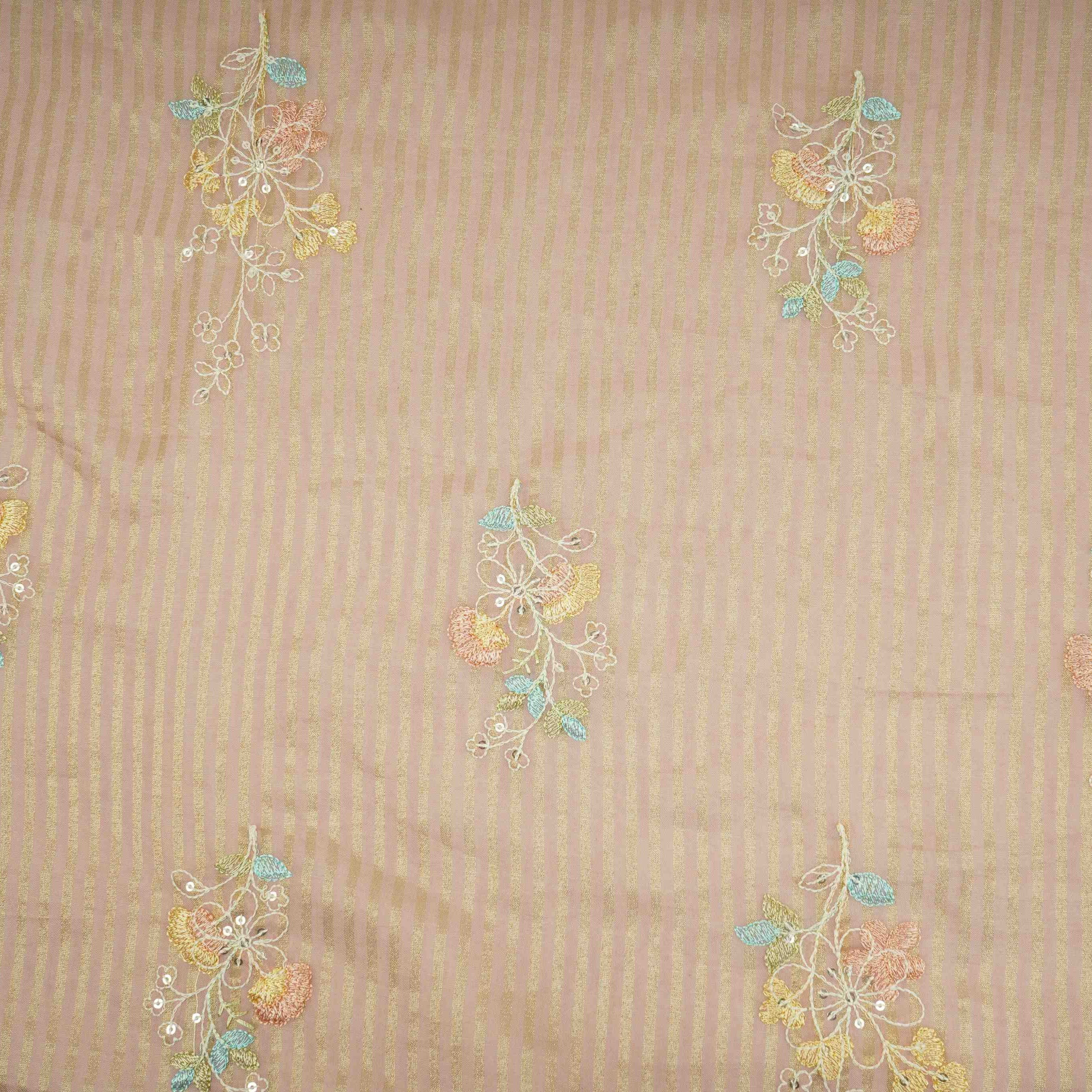 Dusty Rose Zari Stripes floral thread embroidery Malai Chanderi Fabric VFS-31540 - TradeUNO