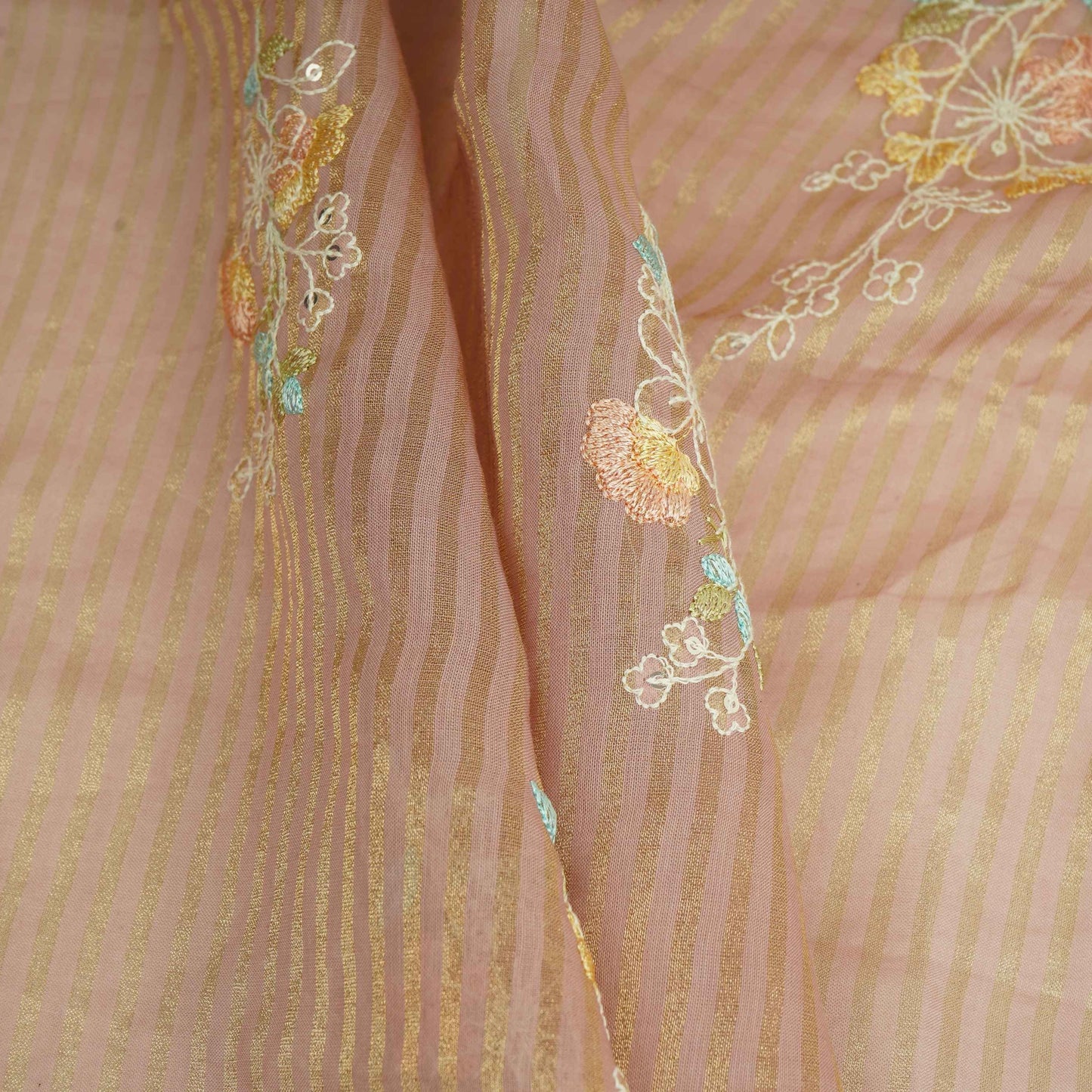Dusty Rose Zari Stripes floral thread embroidery Malai Chanderi Fabric VFS-31540