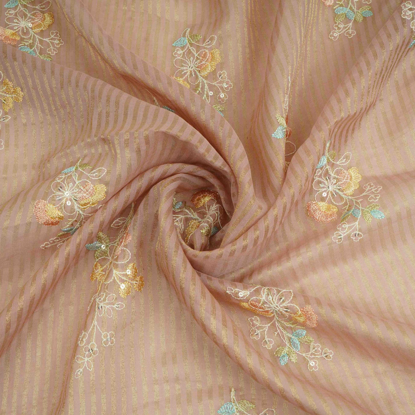 Dusty Rose Zari Stripes floral thread embroidery Malai Chanderi Fabric VFS-31540