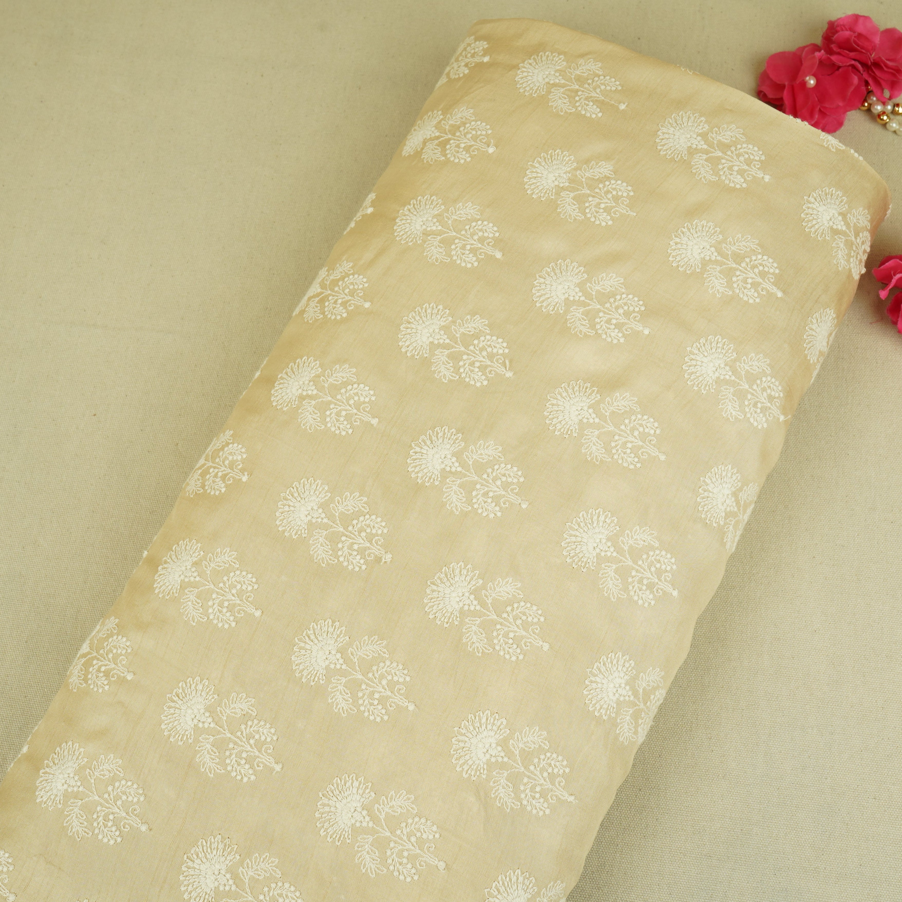 Beige Floral Embroidery Dyeable Dola Silk Fabric VI-30067 - TradeUNO