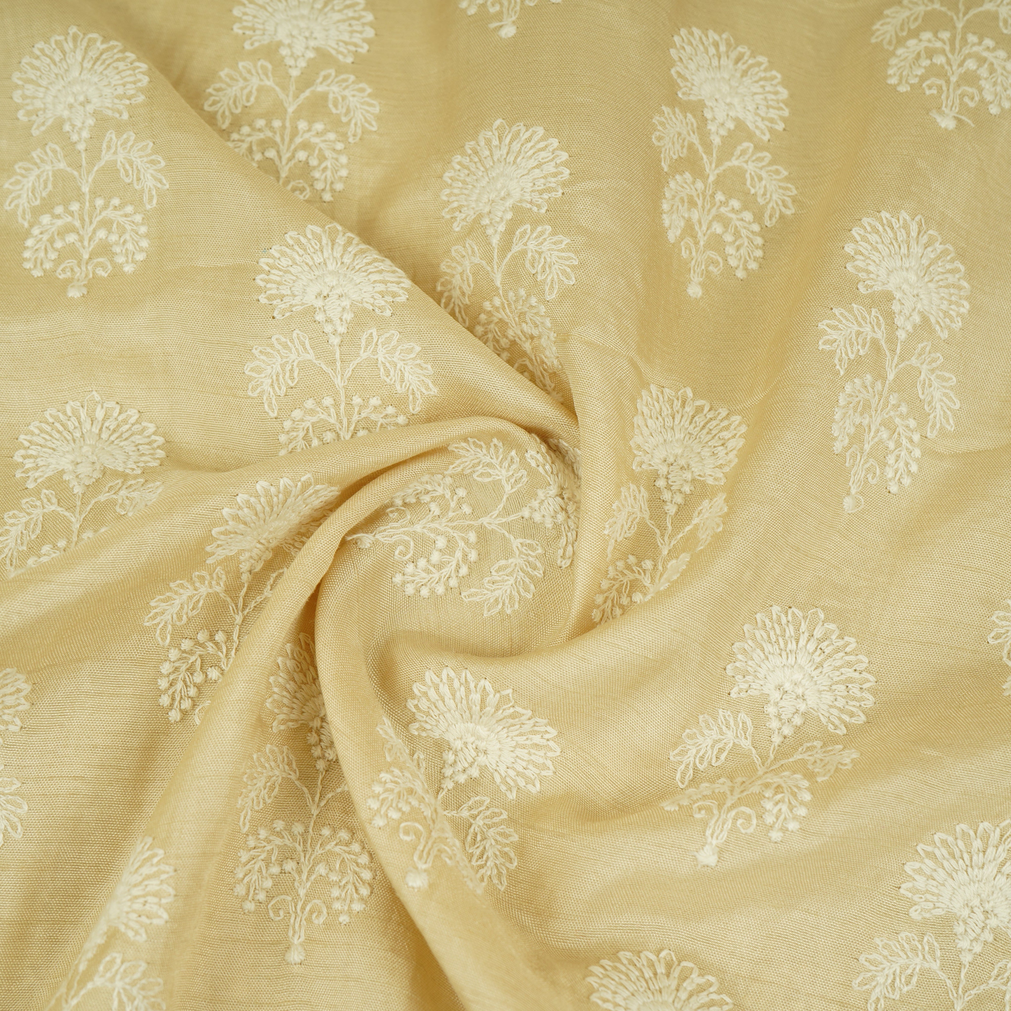 Beige Floral Embroidery Dyeable Dola Silk Fabric VI-30067 - TradeUNO