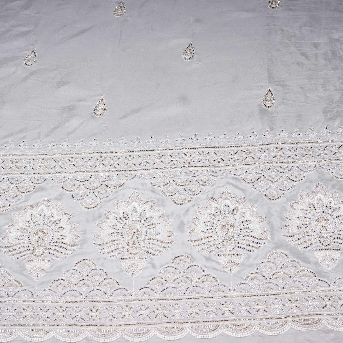White Dyeable Pearl Cutdana embroidery Crepe Fabric VFS-31685