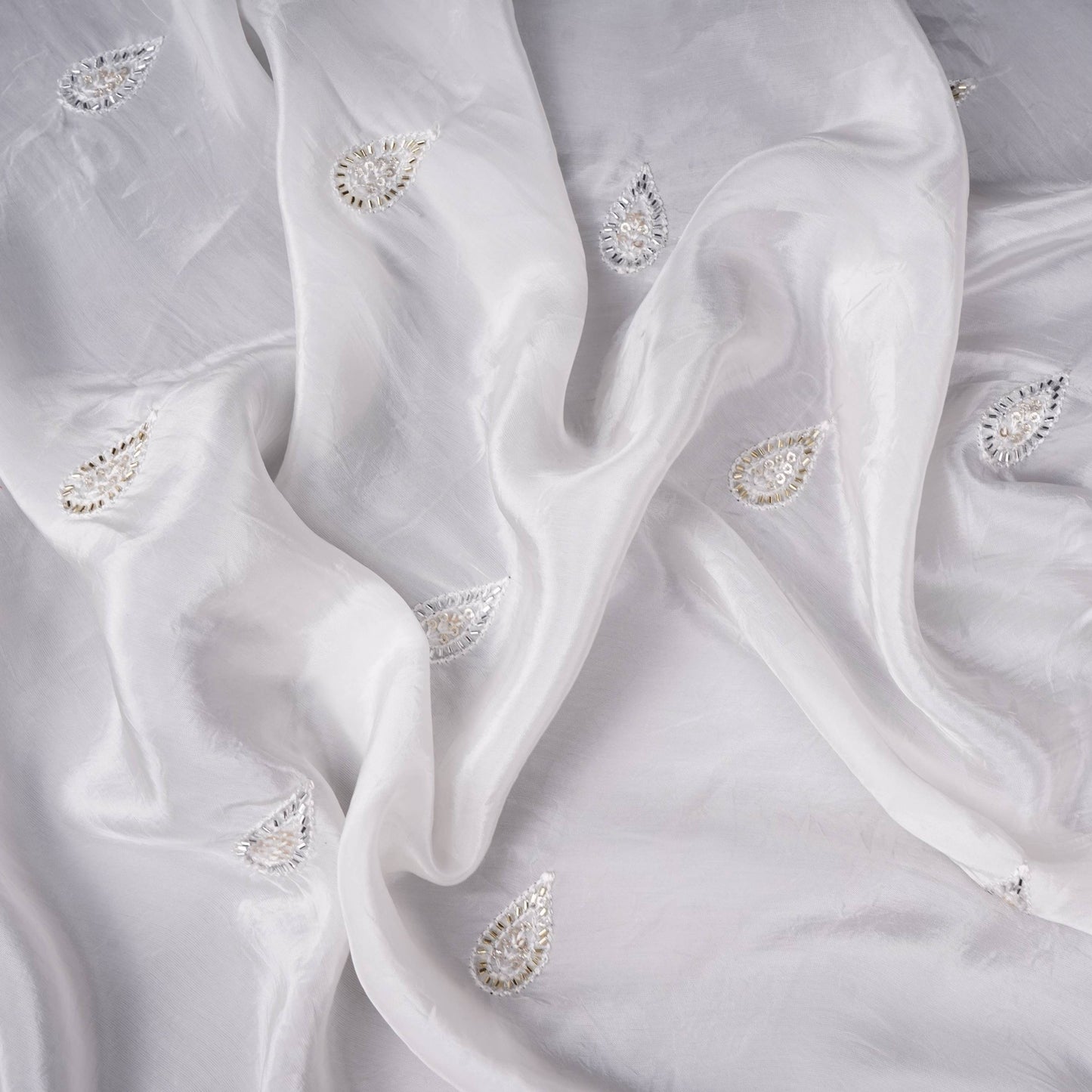 White Dyeable Pearl Cutdana embroidery Crepe Fabric VFS-31685
