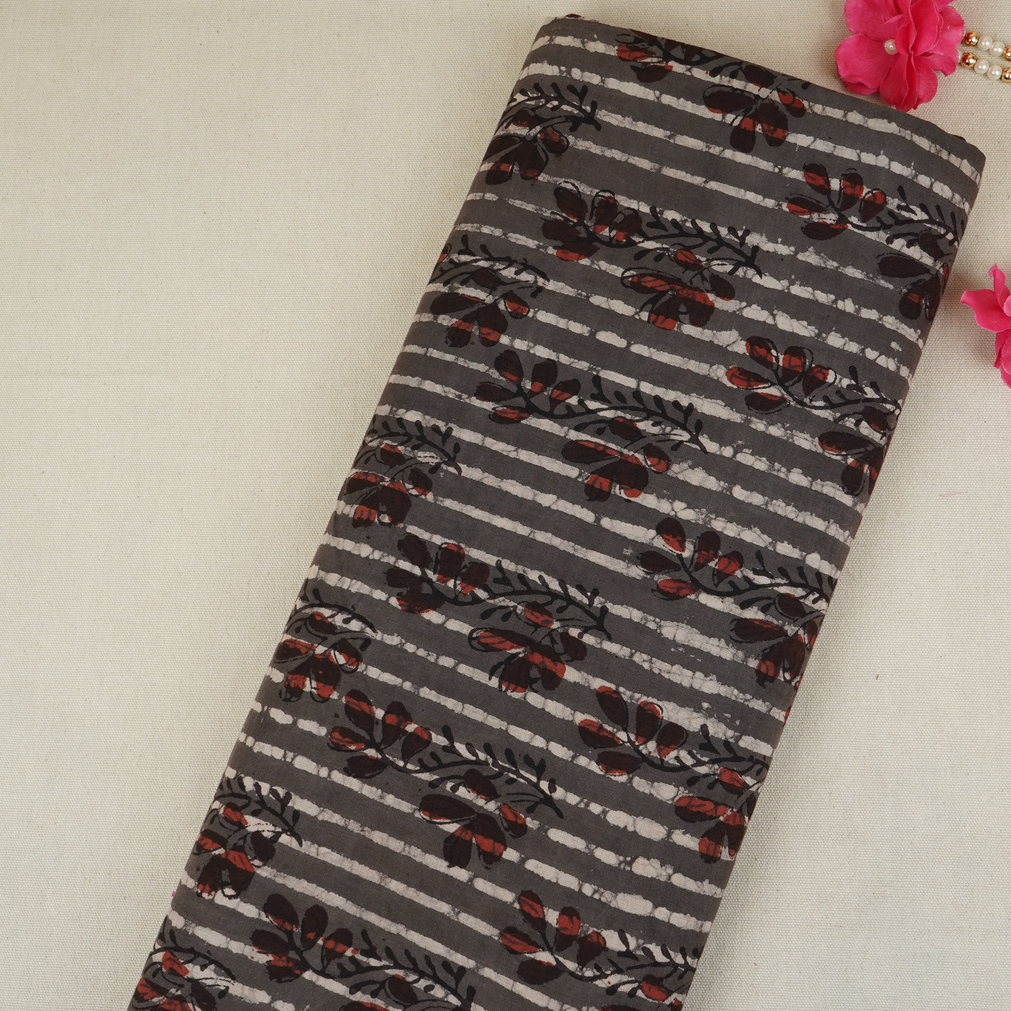 Dark Grey & Black Floral Print Cotton Fabric MFR-29871 - TradeUNO