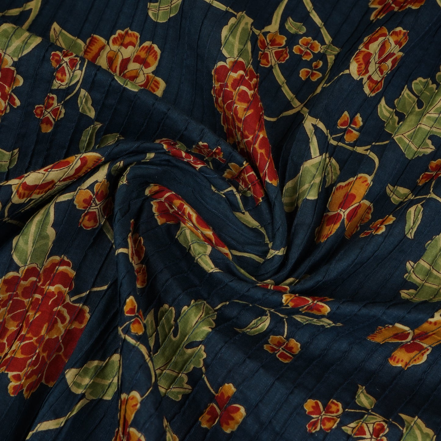 Navy Blue Floral Print Pintuck Cotton Fabric MFR-29828