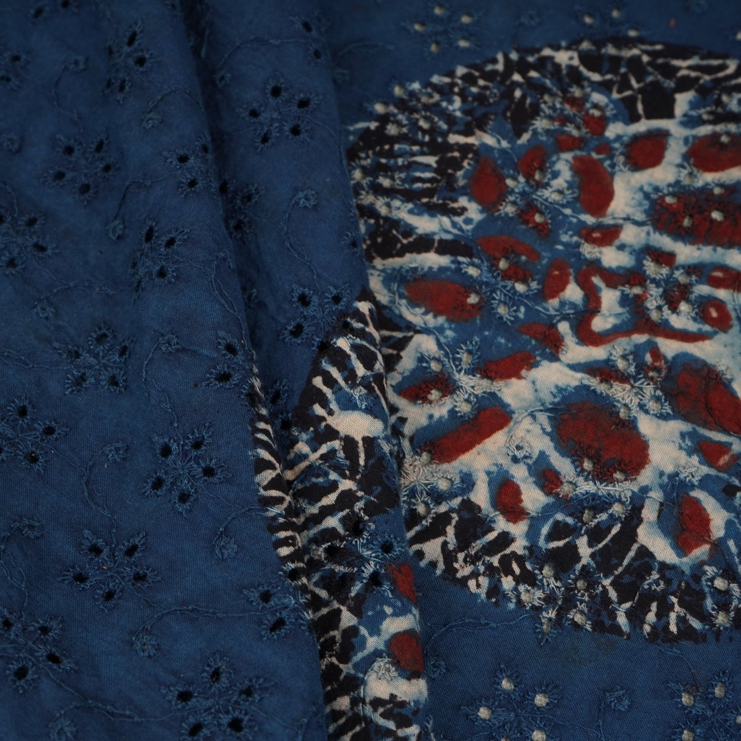 Blue Ajrakh Print Cotton Schiffli Fabric MFR-29833