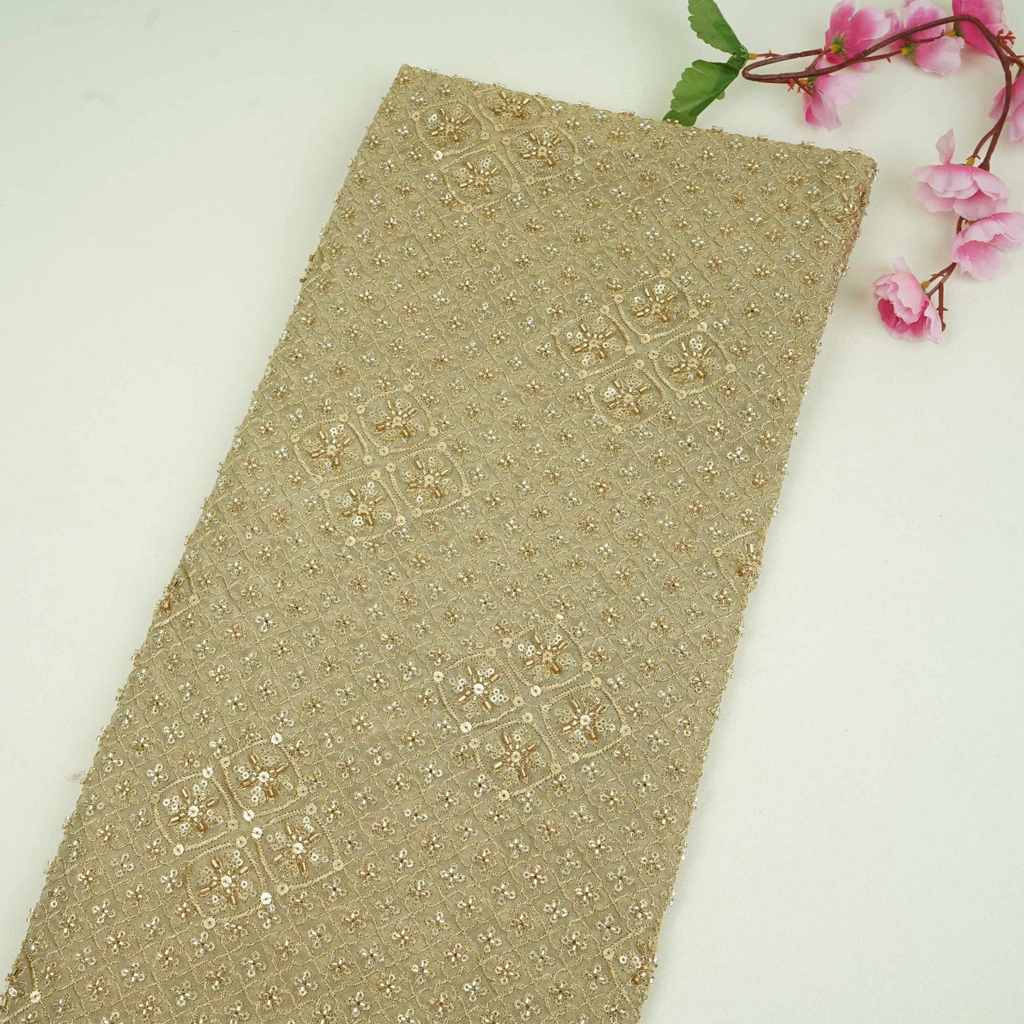 Golden Heavy thread Zari Sequins embroidery Kanjivaram Silk Fabric TF-31442