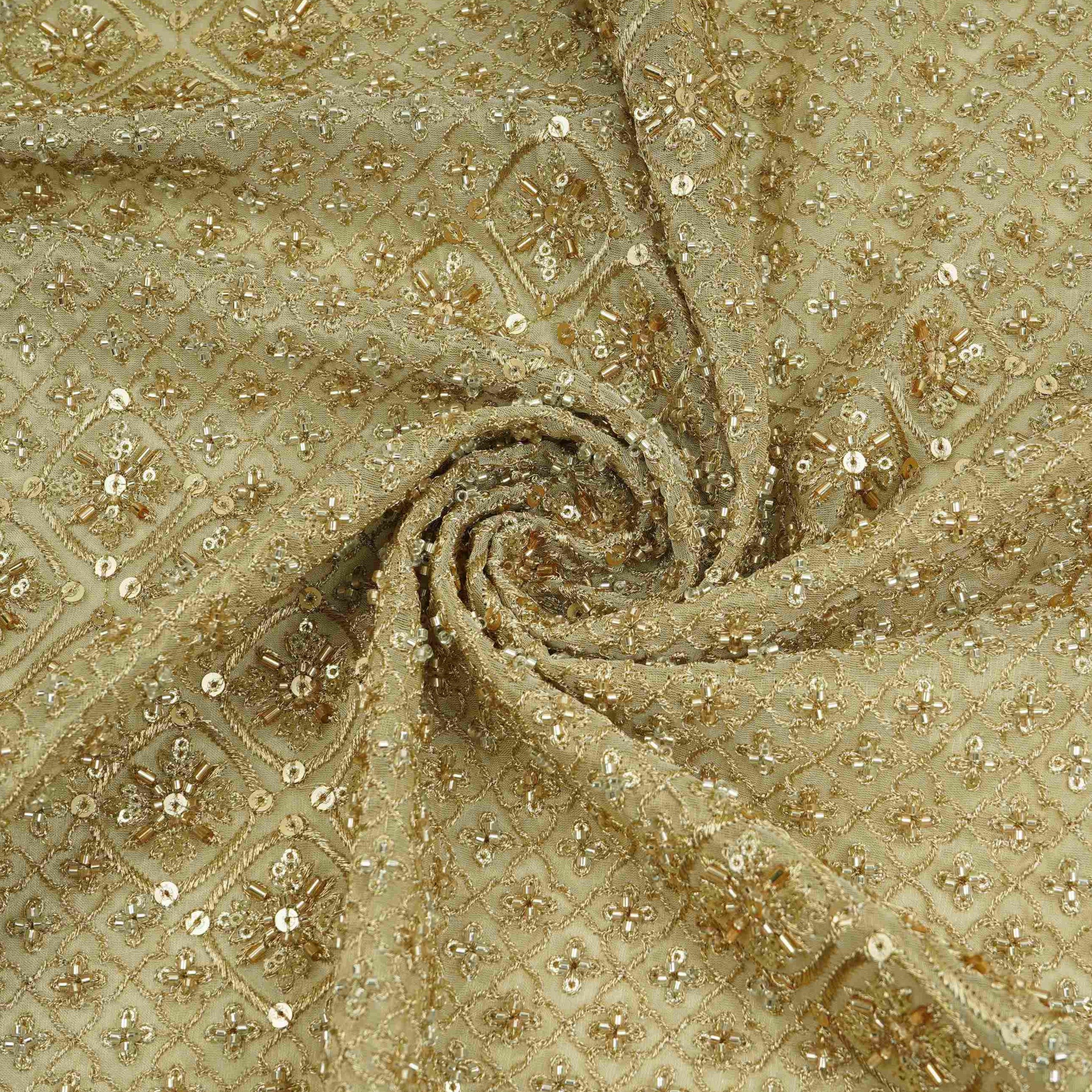Golden Heavy thread Zari Sequins embroidery Kanjivaram Silk Fabric TF-31442 - TradeUNO