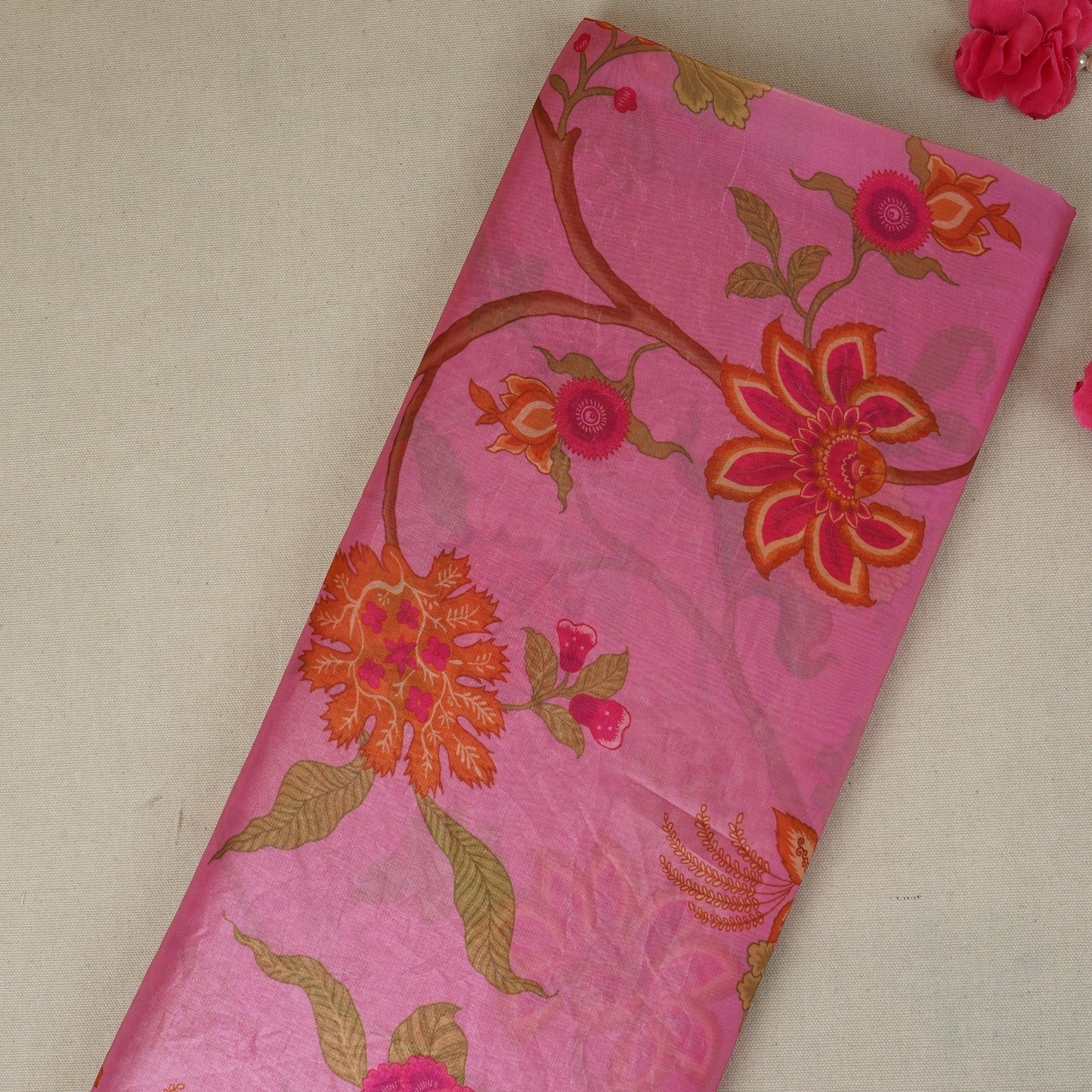 Magenta Pink Floral Print Organza Fabric VF-30077