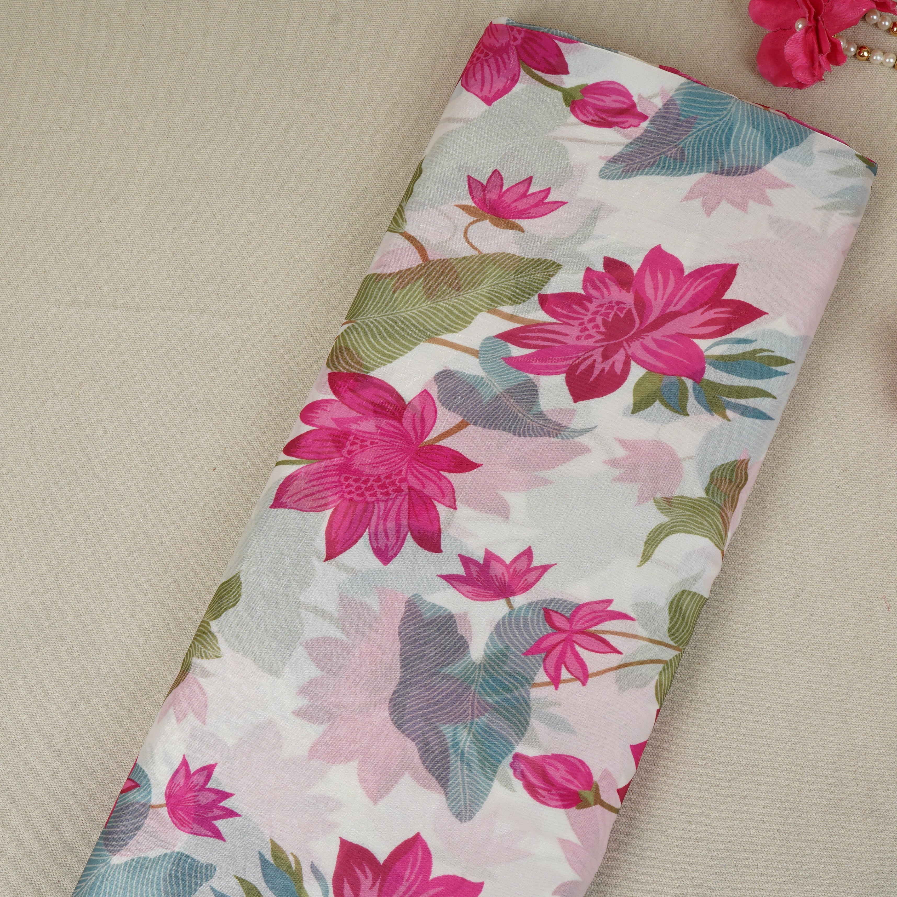 Cream Floral Print Organza Fabric VF-30078 - TradeUNO