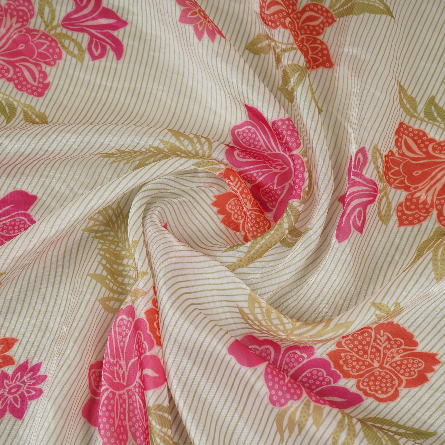 Light Green Stripes Floral Print Organza Fabric VF-30080