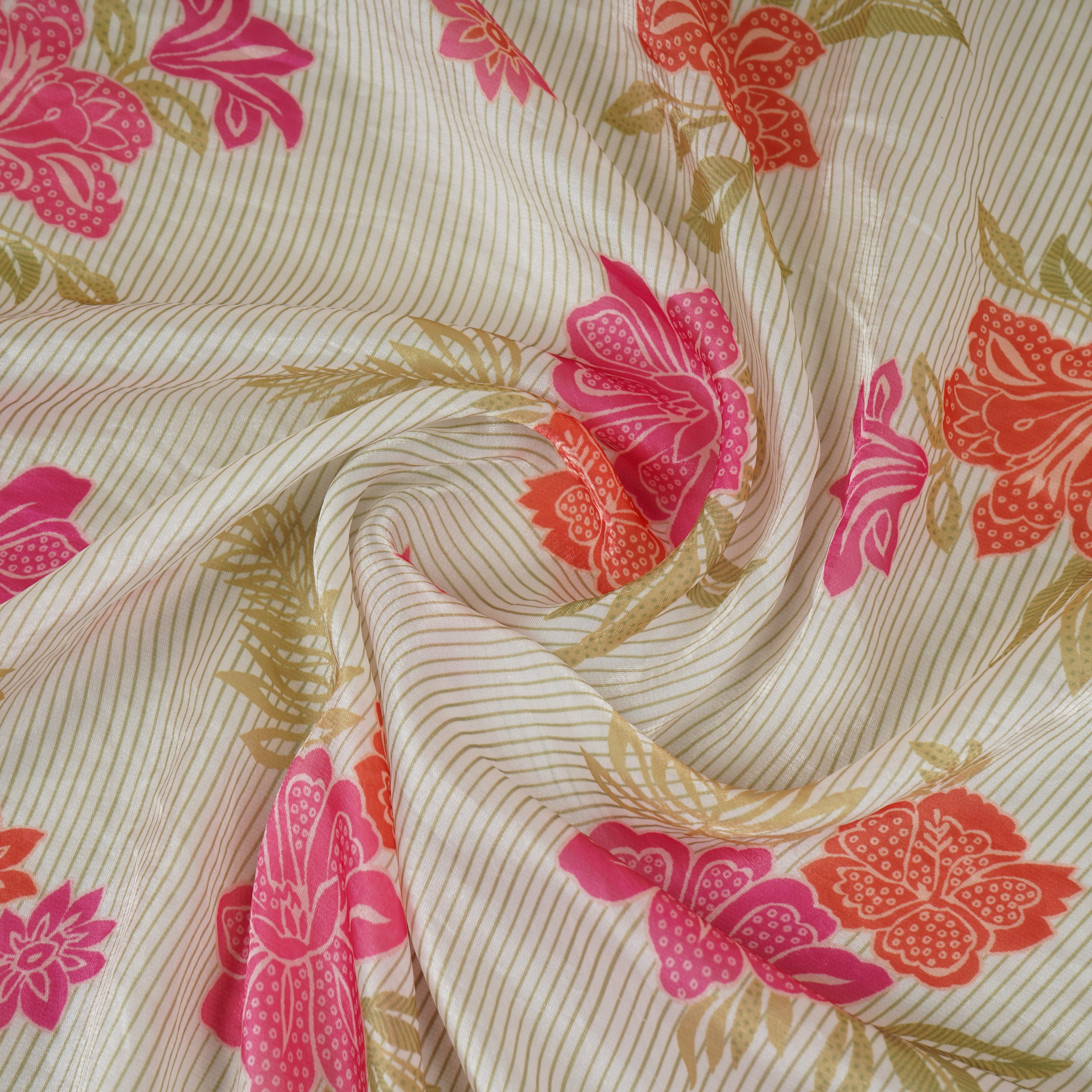 Light Green Stripes Floral Print Organza Fabric VF-30080 - TradeUNO
