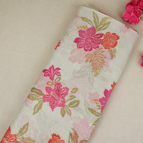 Light Green Stripes Floral Print Organza Fabric VF-30080