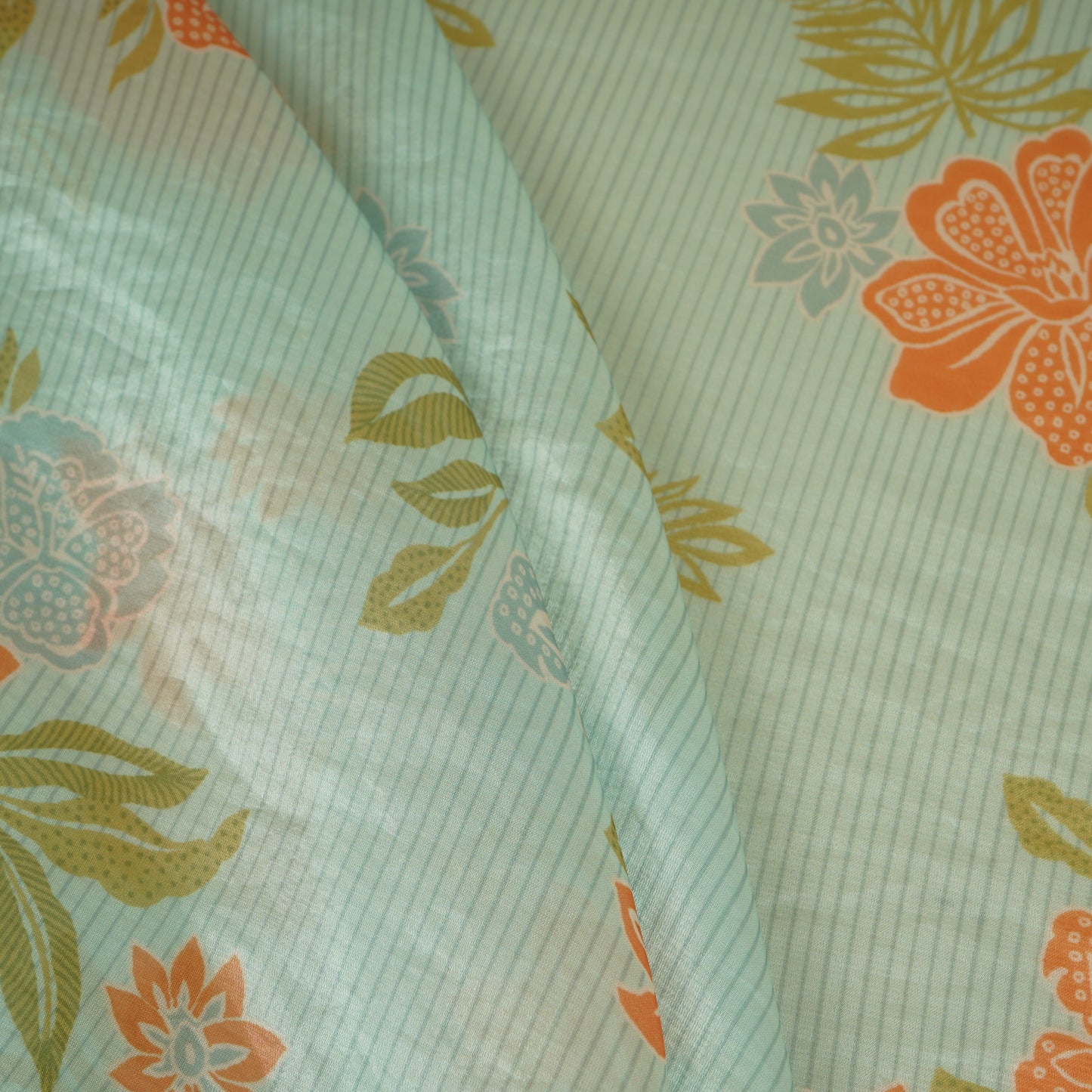 Mint Green Stripes Floral Print Organza Fabric VF-30082