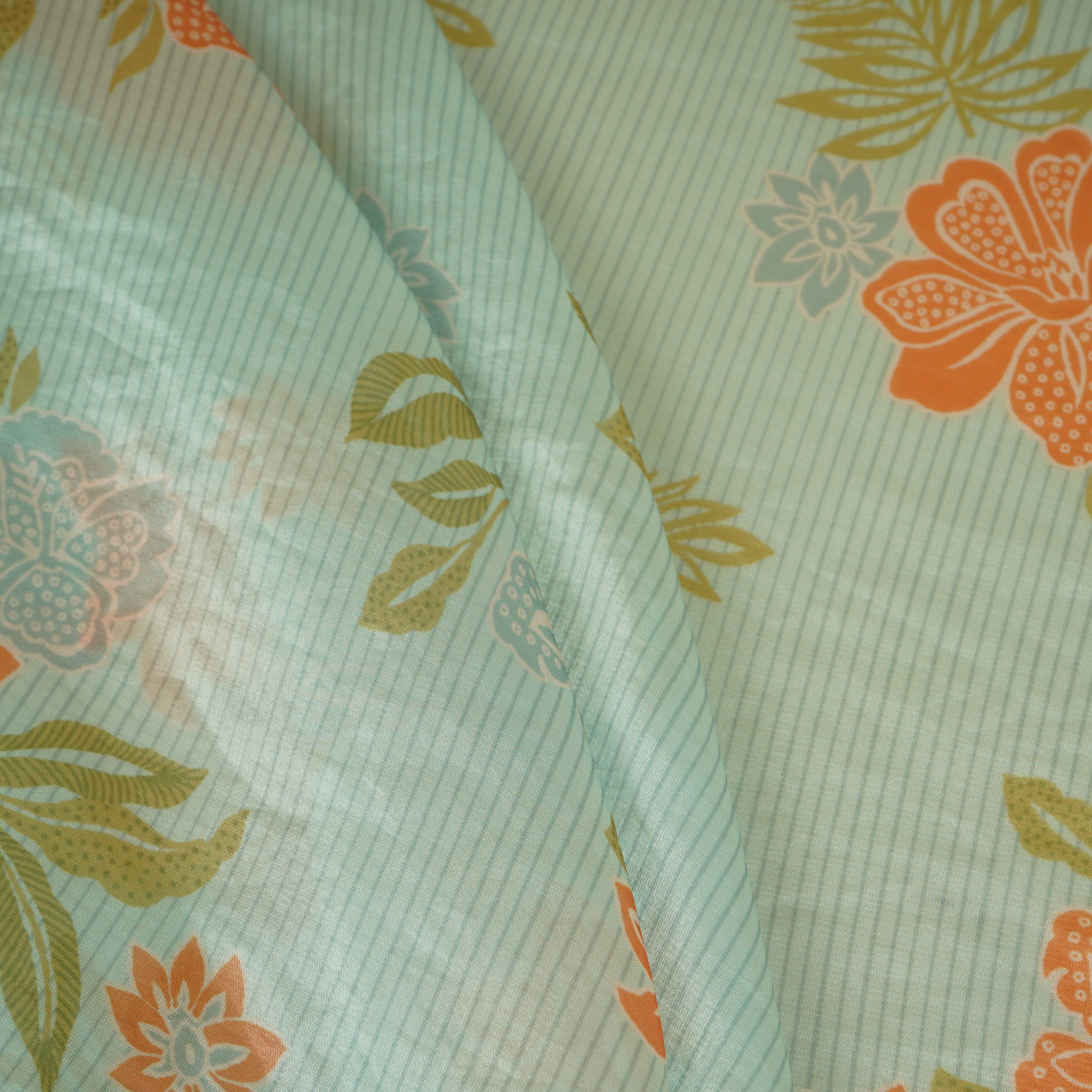 Mint Green Stripes Floral Print Organza Fabric VF-30082 - TradeUNO