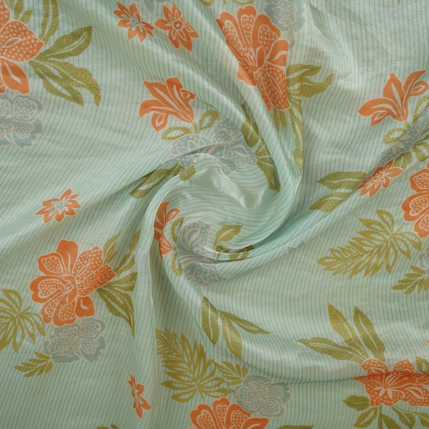 Mint Green Stripes Floral Print Organza Fabric VF-30082