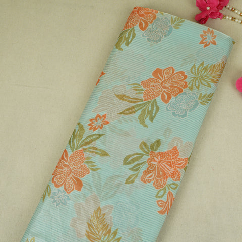 Mint Green Stripes Floral Print Organza Fabric VF-30082