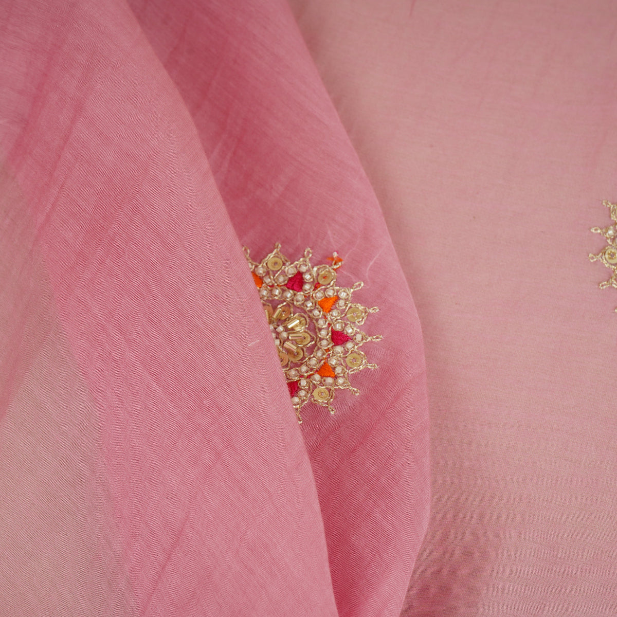 Baby Pink Floral Cutdana Embroidery Mul Chanderi Fabric SN-30095 - TradeUNO