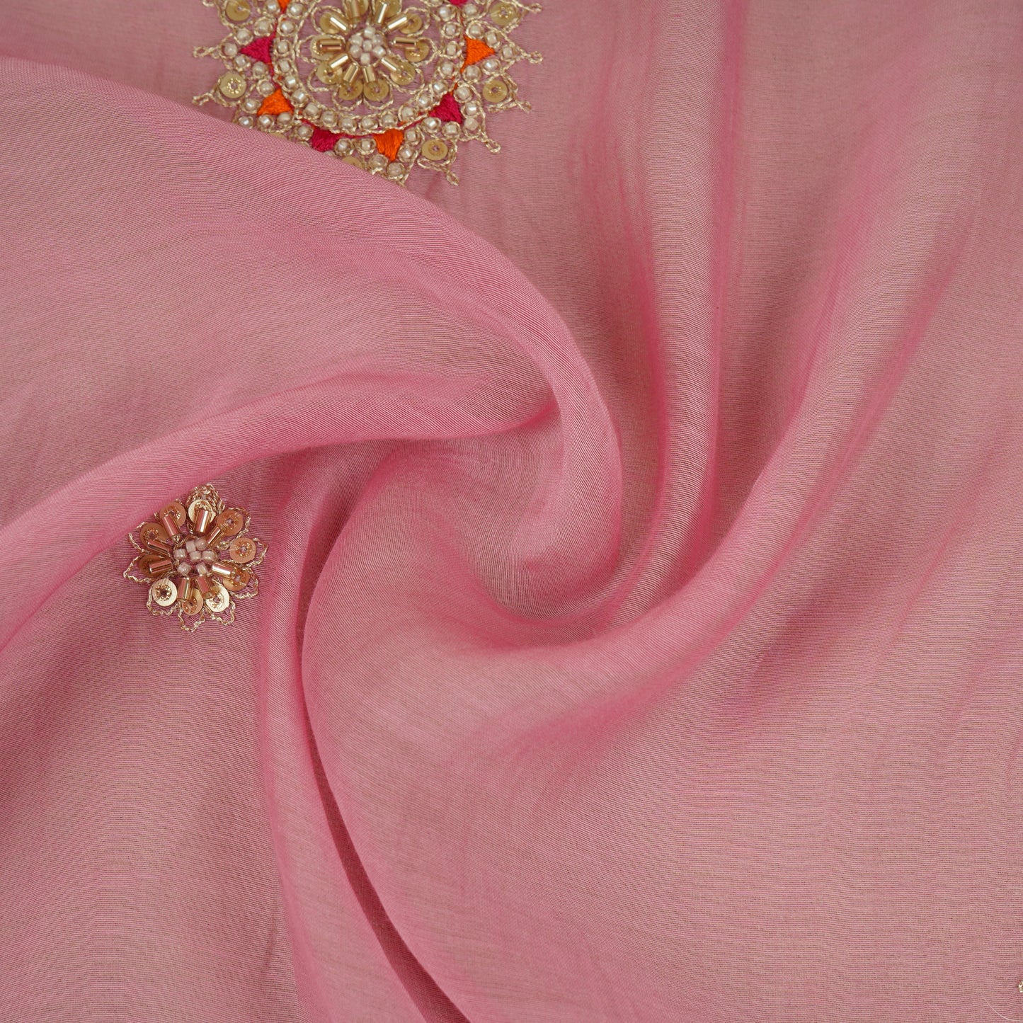 Baby Pink Floral Cutdana Embroidery Mul Chanderi Fabric SN-30095