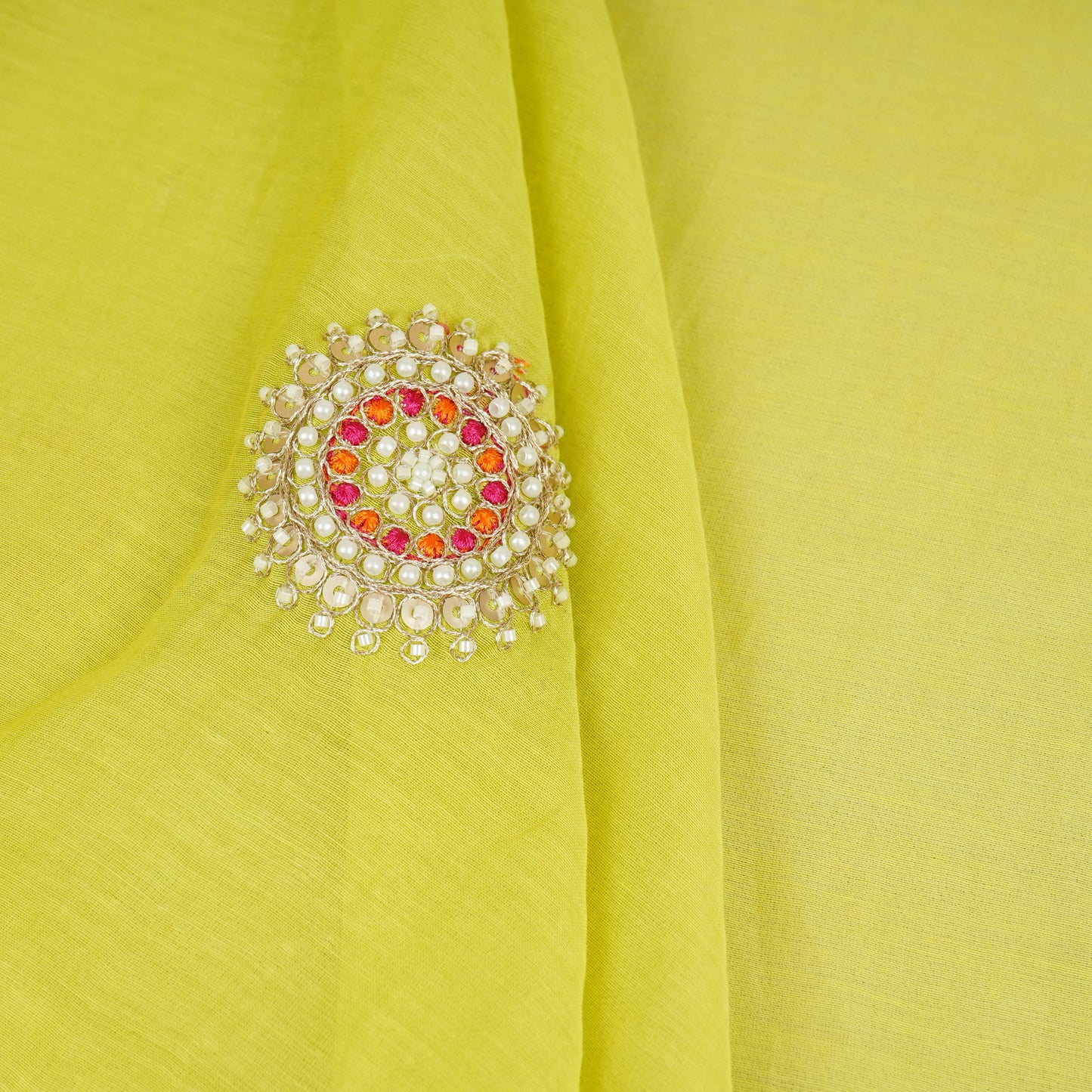 Light Pastel Green Floral Cutdana Embroidery Mul Chanderi Fabric SN-30097