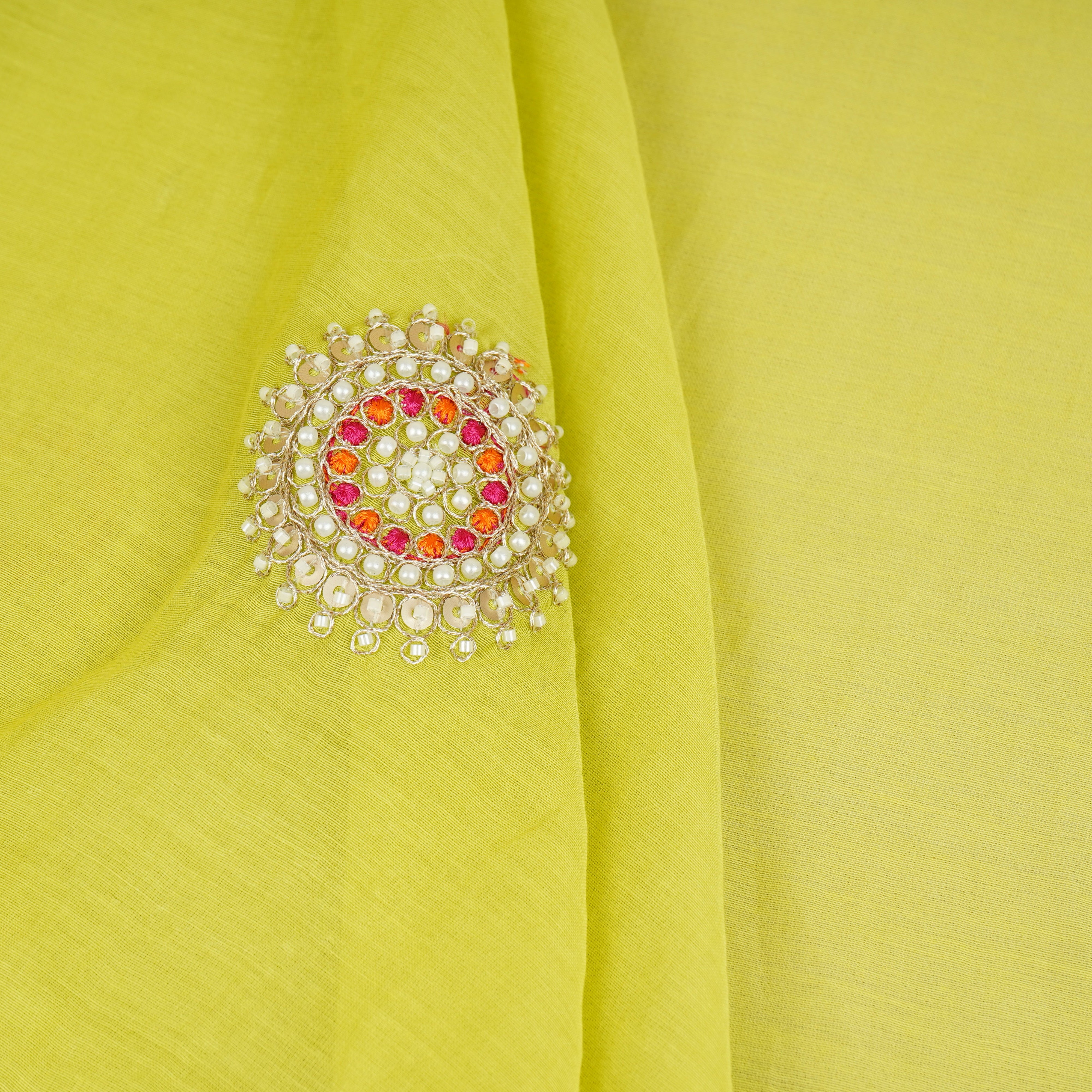 Light Pastel Green Floral Cutdana Embroidery Mul Chanderi Fabric SN-30097 - TradeUNO