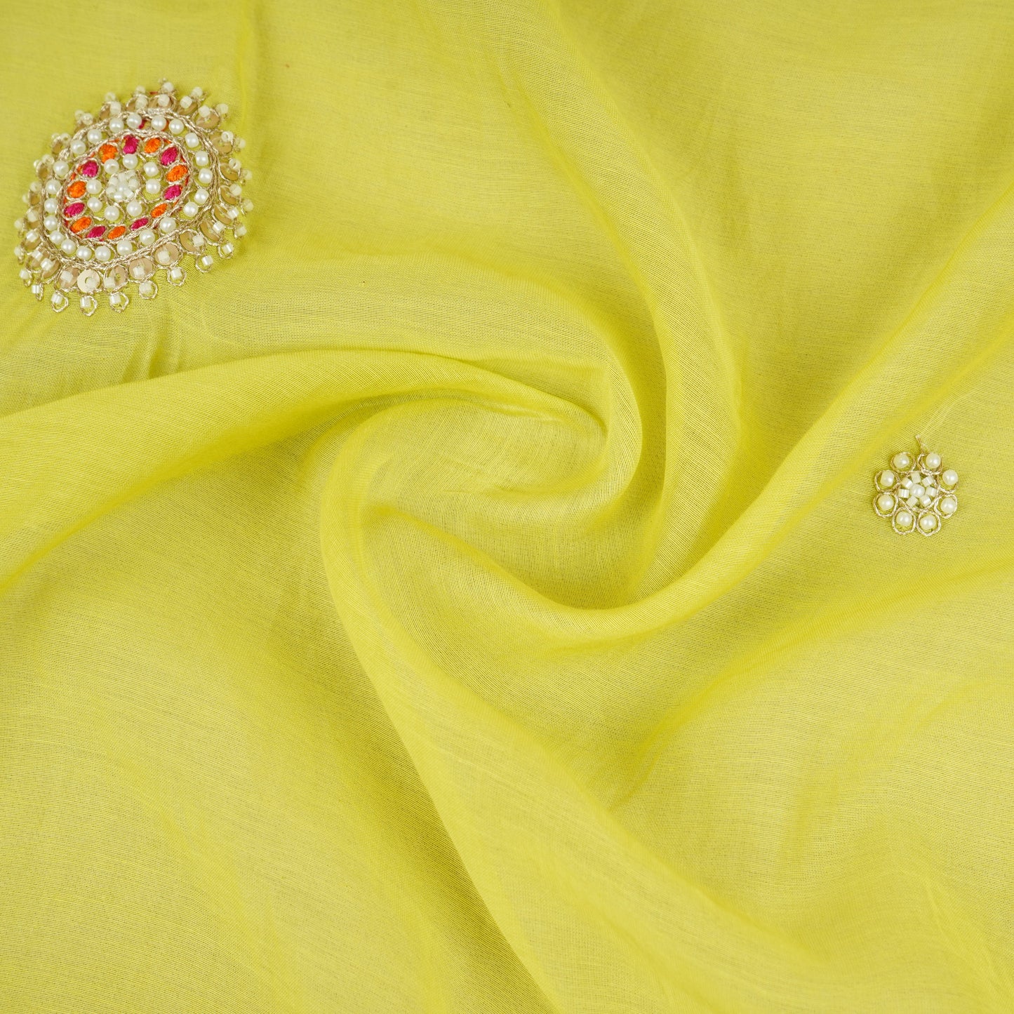 Light Pastel Green Floral Cutdana Embroidery Mul Chanderi Fabric SN-30097