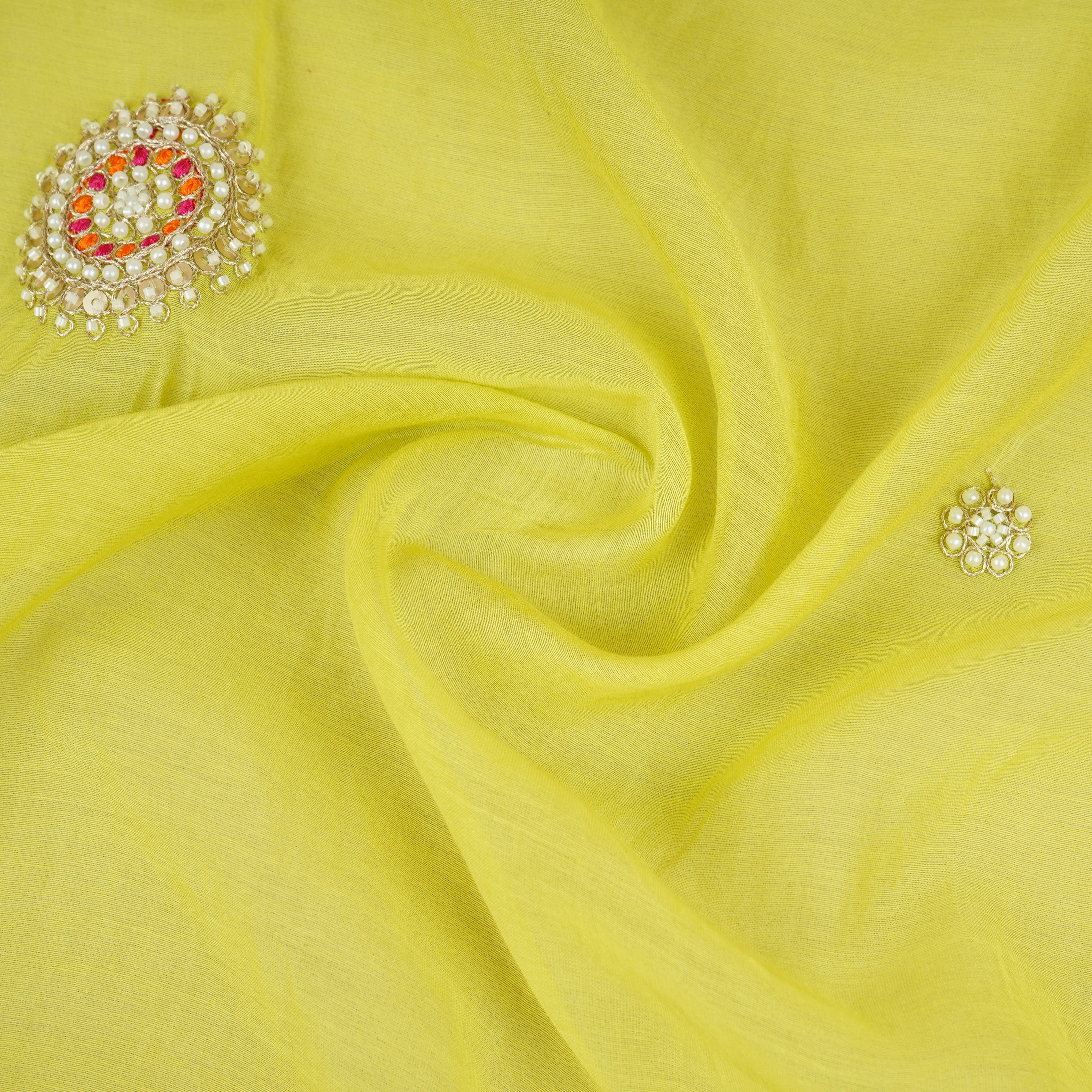 Light Pastel Green Floral Cutdana Embroidery Mul Chanderi Fabric SN-30097 - TradeUNO