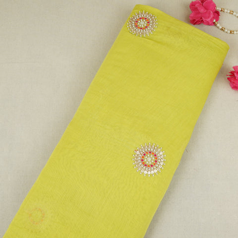 Light Pastel Green Floral Cutdana Embroidery Mul Chanderi Fabric SN-30097