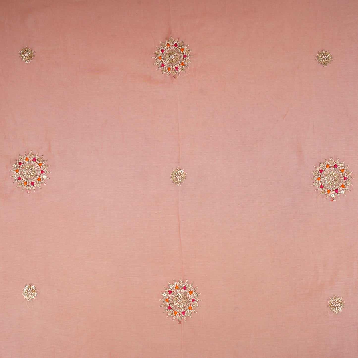 Coral Pink Floral Cutdana Embroidery Mul Chanderi Fabric SN-30100
