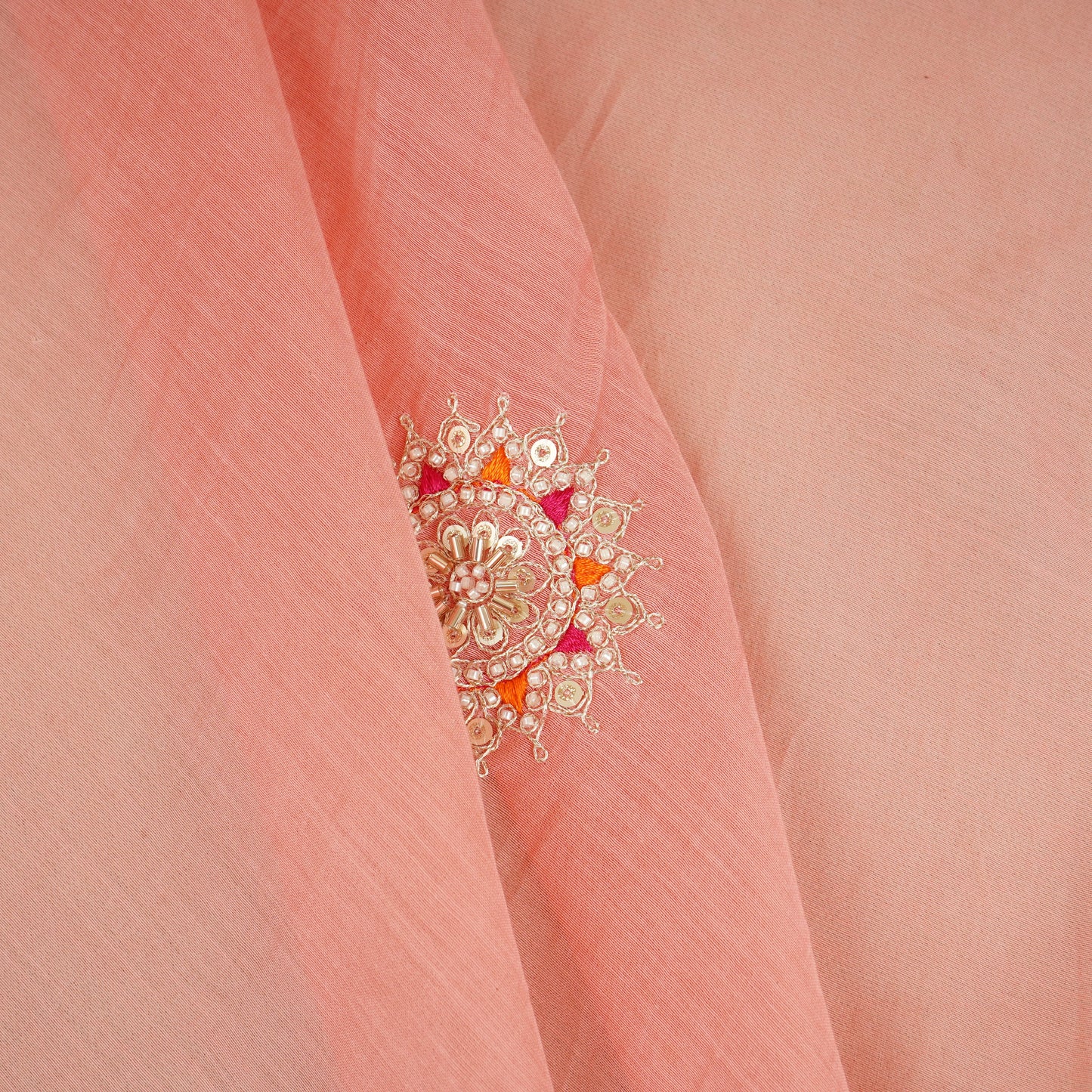 Coral Pink Floral Cutdana Embroidery Mul Chanderi Fabric SN-30100