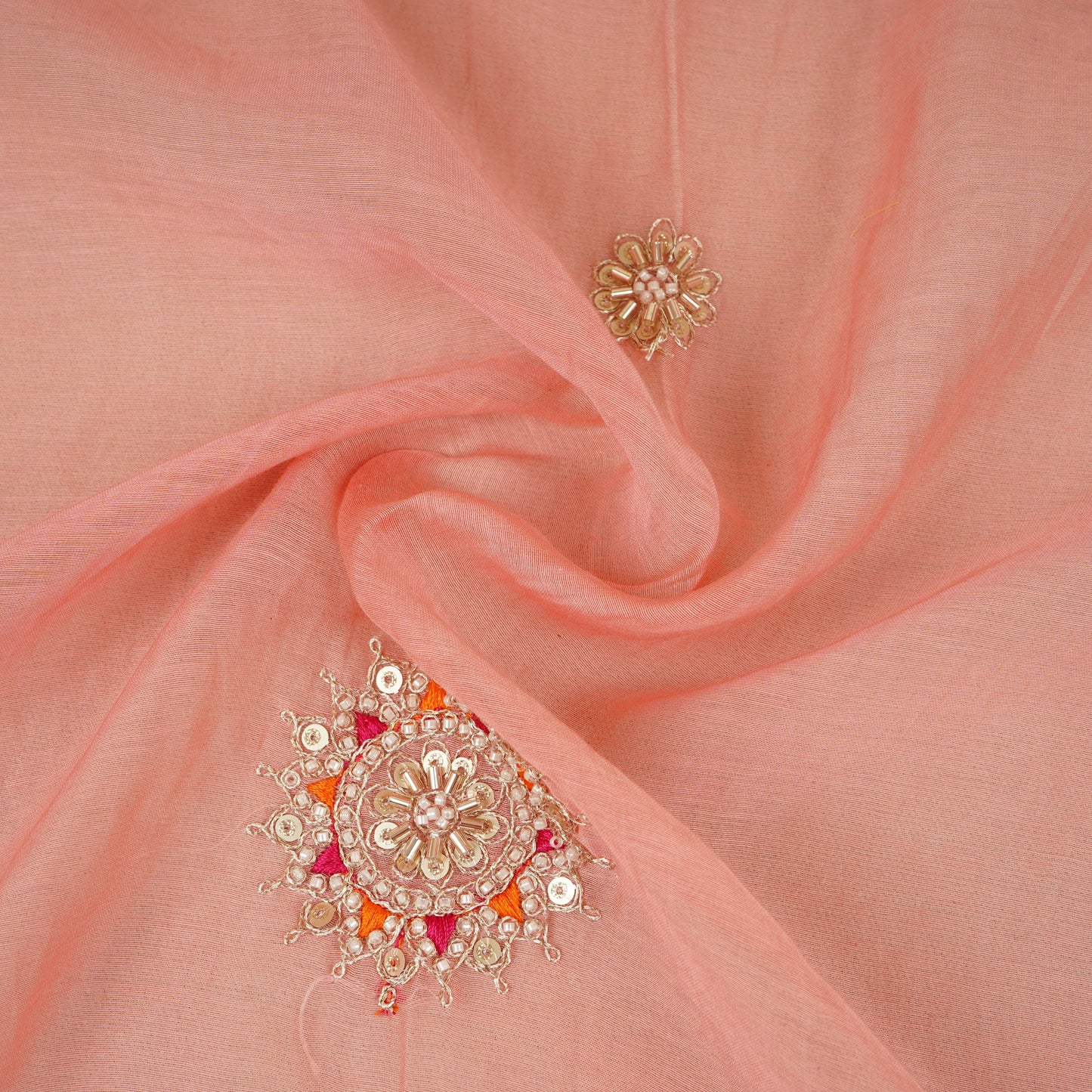 Coral Pink Floral Cutdana Embroidery Mul Chanderi Fabric SN-30100