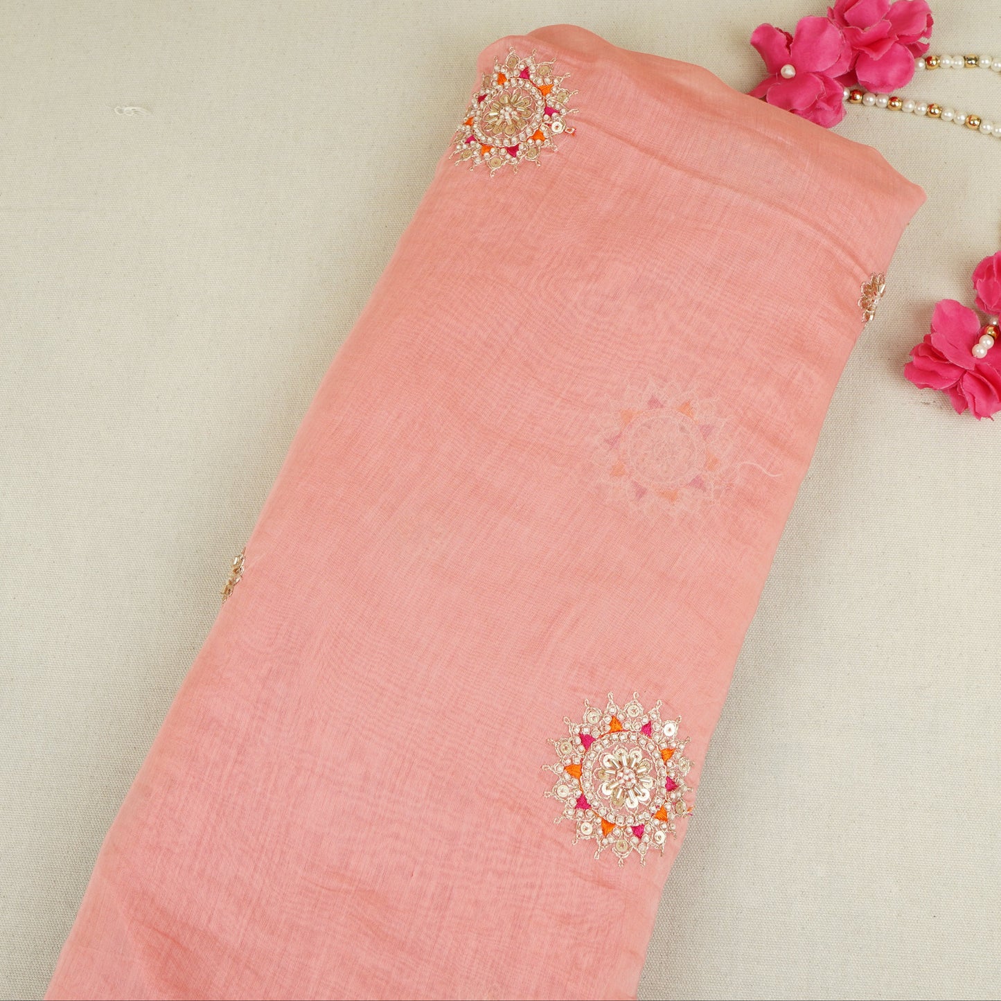 Coral Pink Floral Cutdana Embroidery Mul Chanderi Fabric SN-30100
